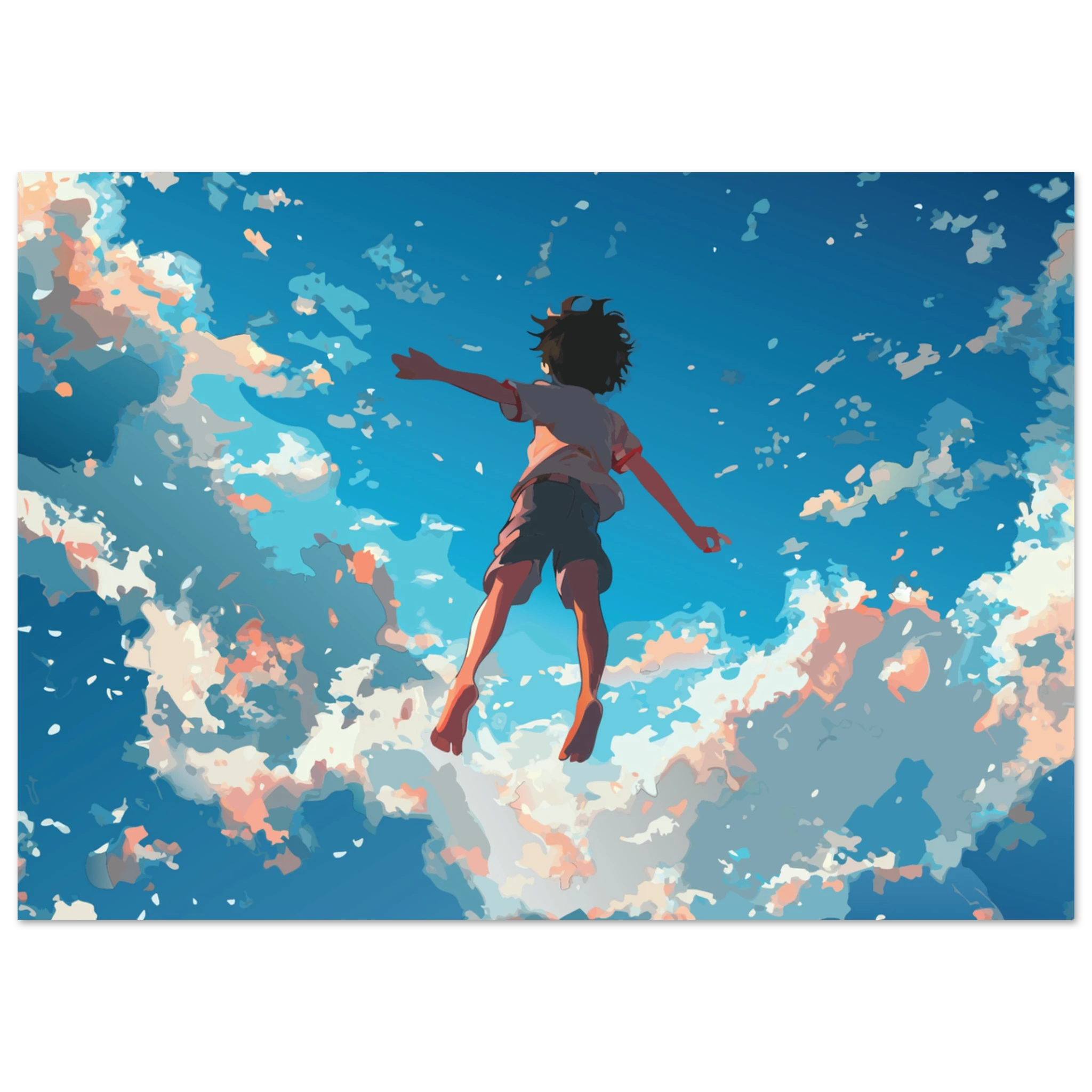 Illustration of a person jumping in the air with a colorful cloud background