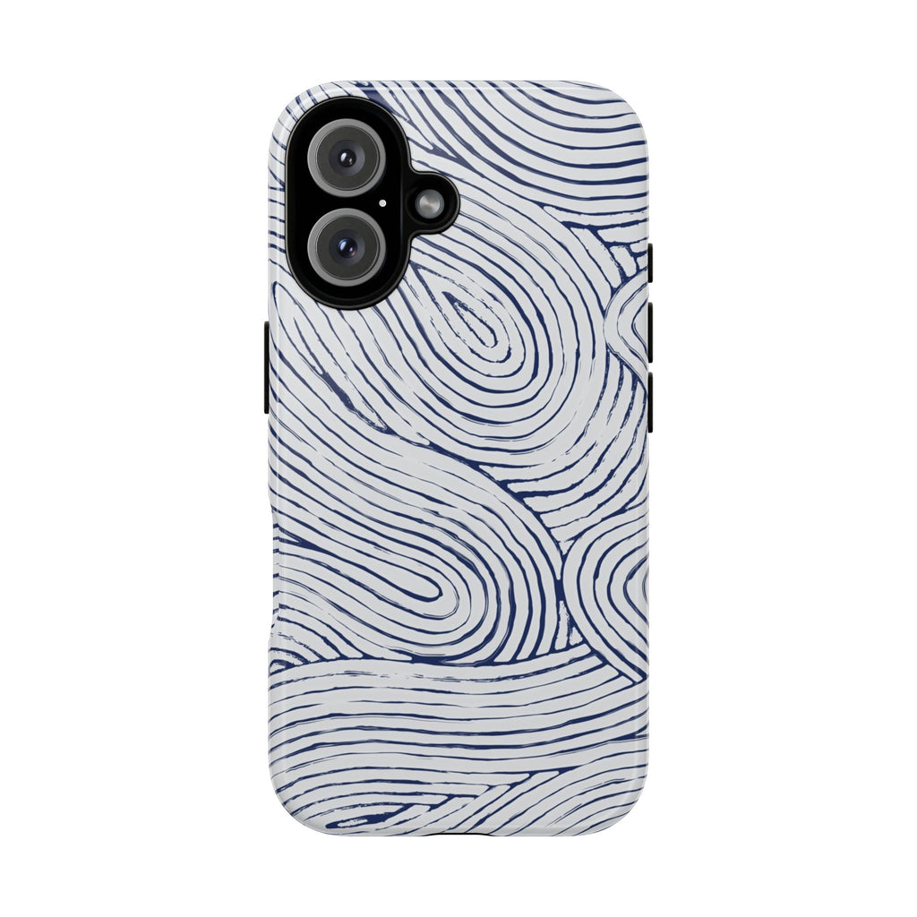 Indigo Flow Tough iPhone 16 Case Phone case with wavy line pattern on a white background