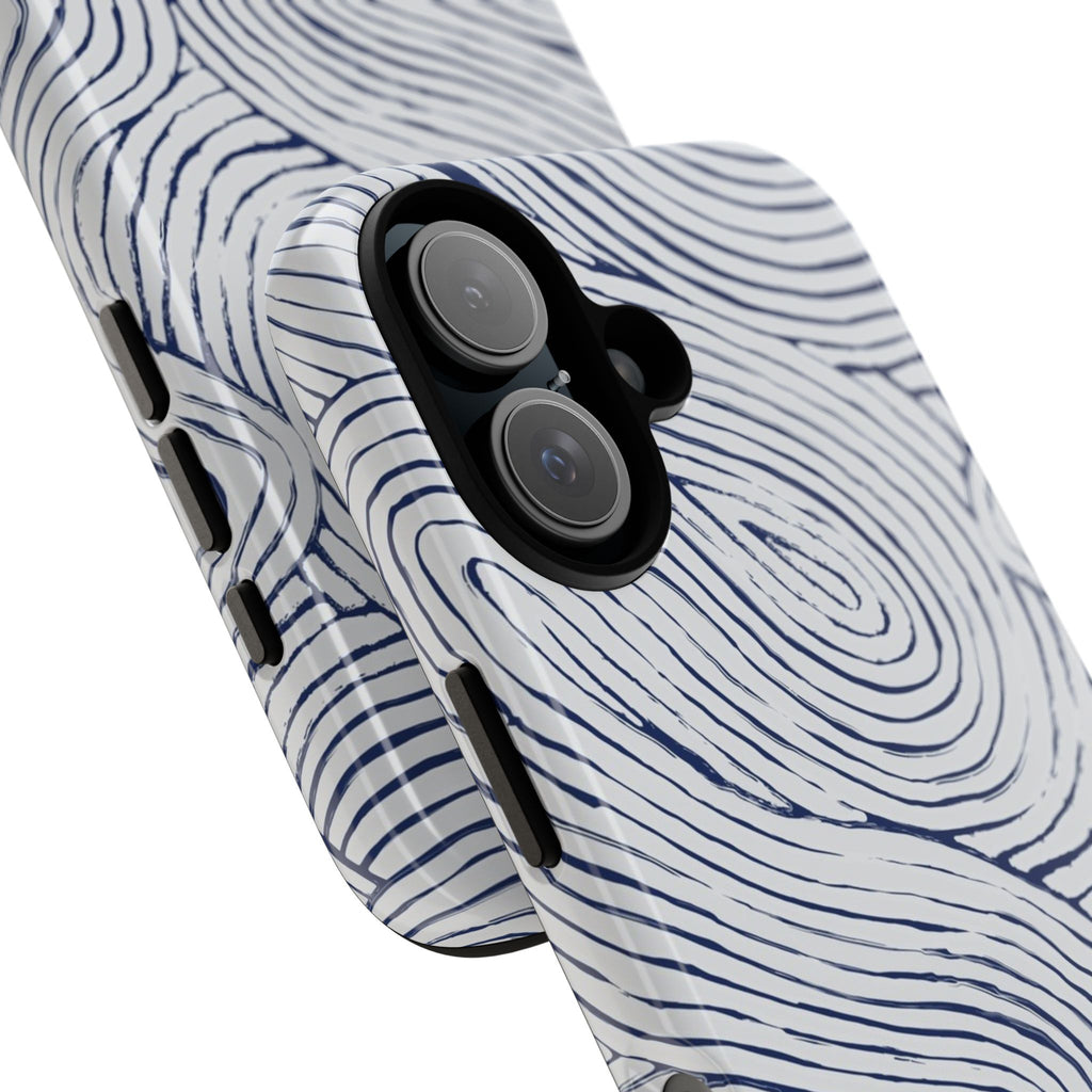 Indigo Flow Tough iPhone 16 Case with blue wave pattern on a white background 