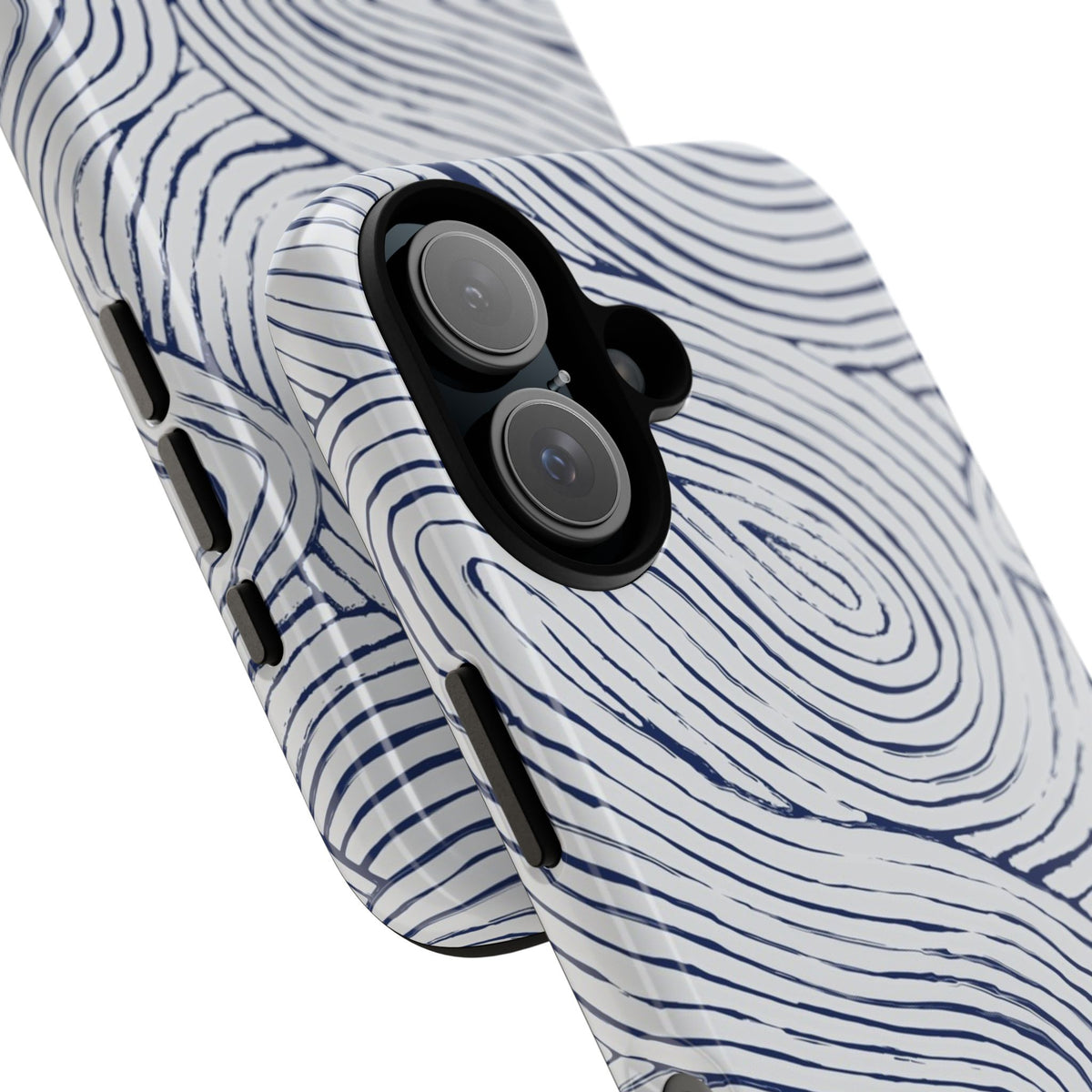 Indigo Flow Tough iPhone 16 Case with blue wave pattern on a white background 