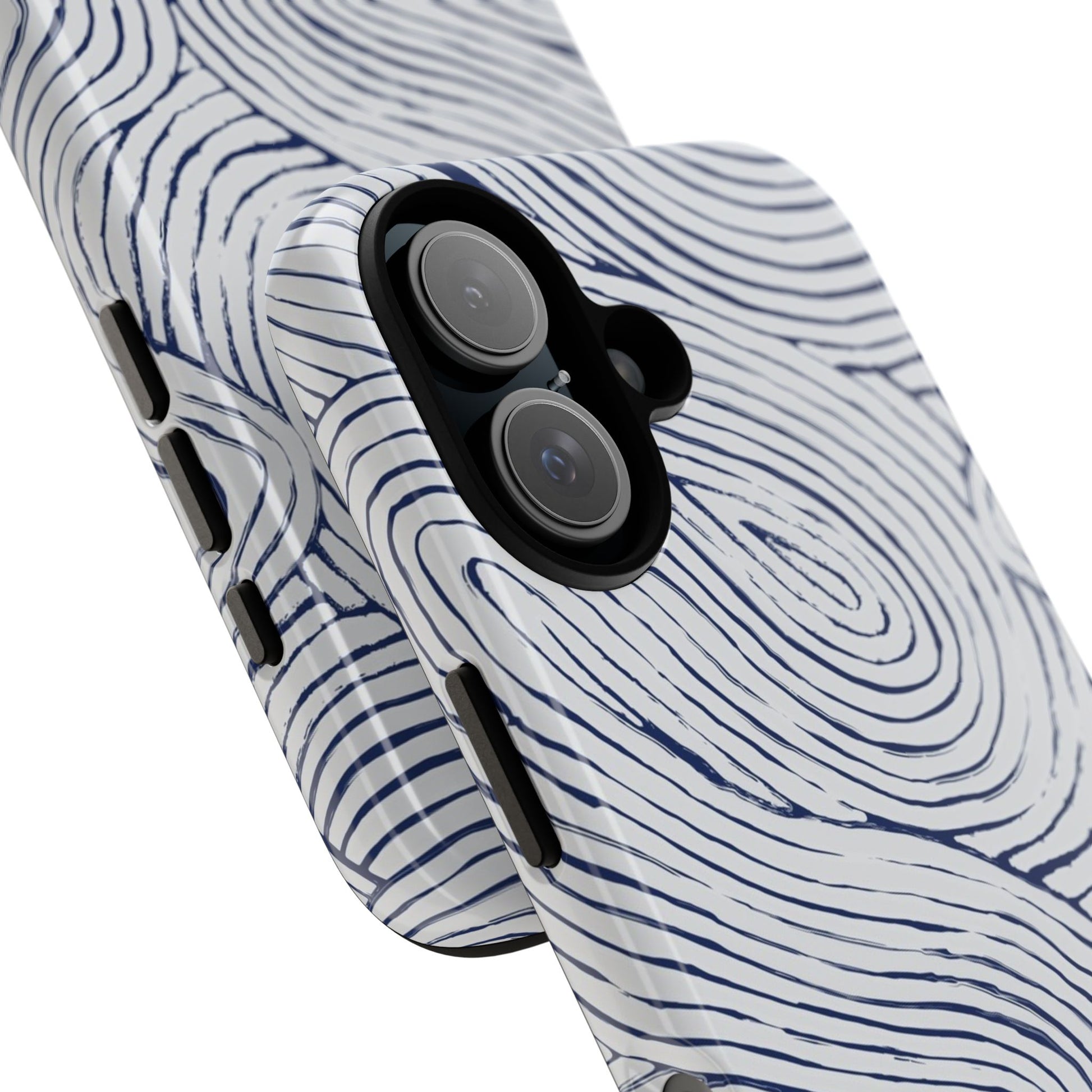 Indigo Flow Tough iPhone 16 Case with blue wave pattern on a white background 