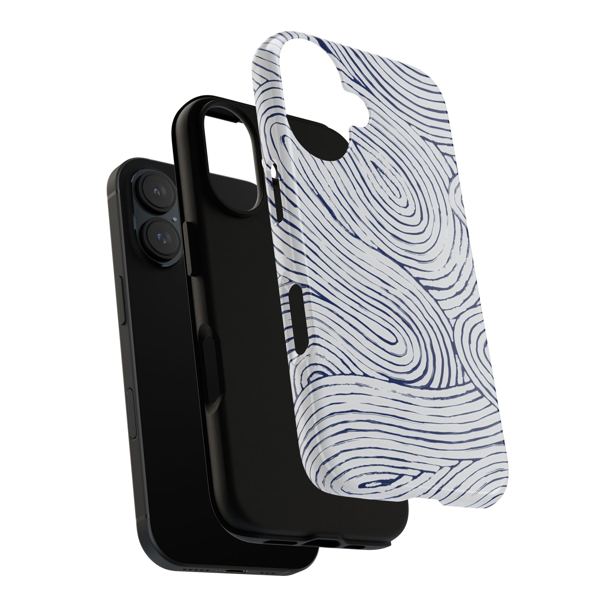 Indigo Flow Tough iPhone 16 Case dual layers on a white background