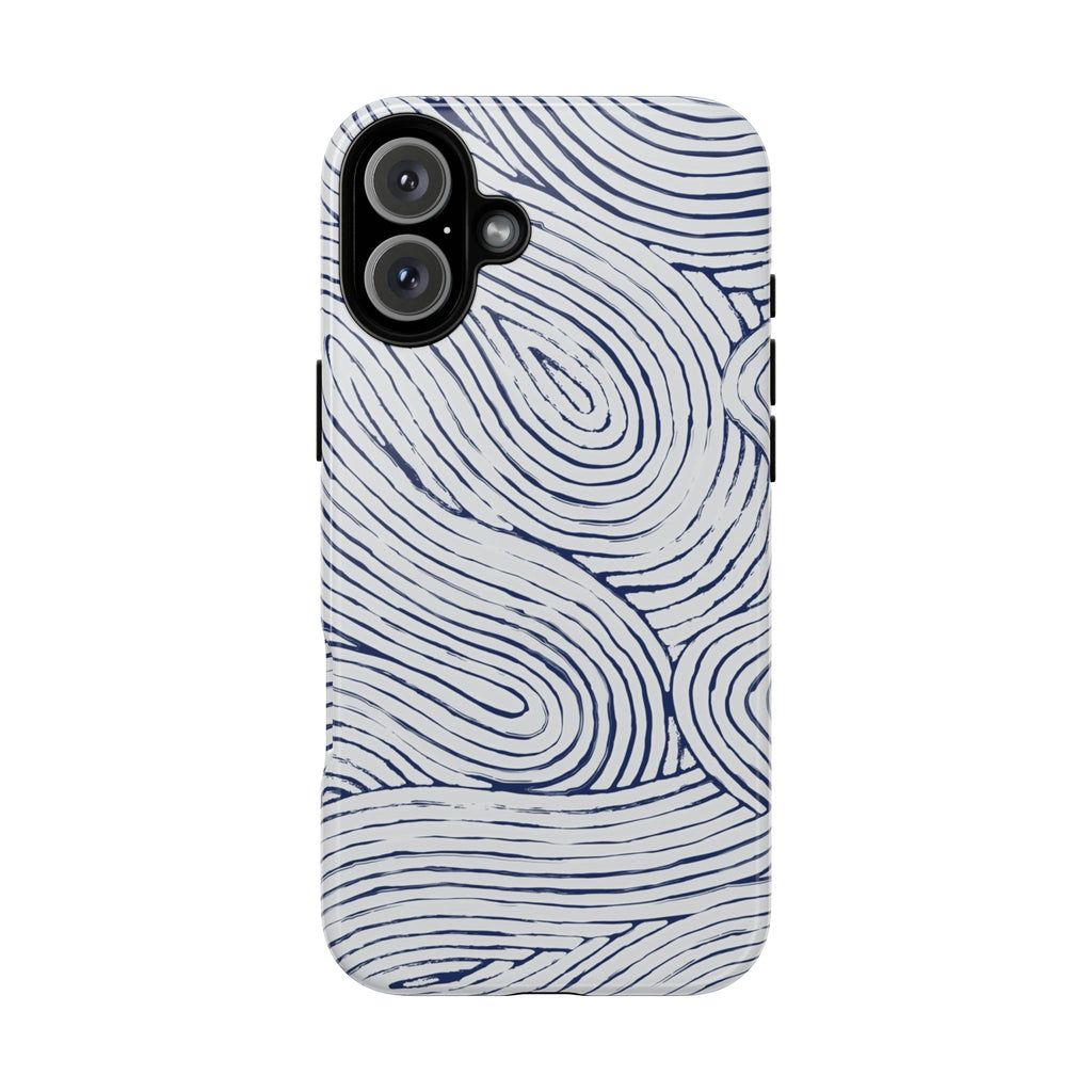Indigo Flow Tough iPhone 16 Plus Case with blue wavy pattern on a white background