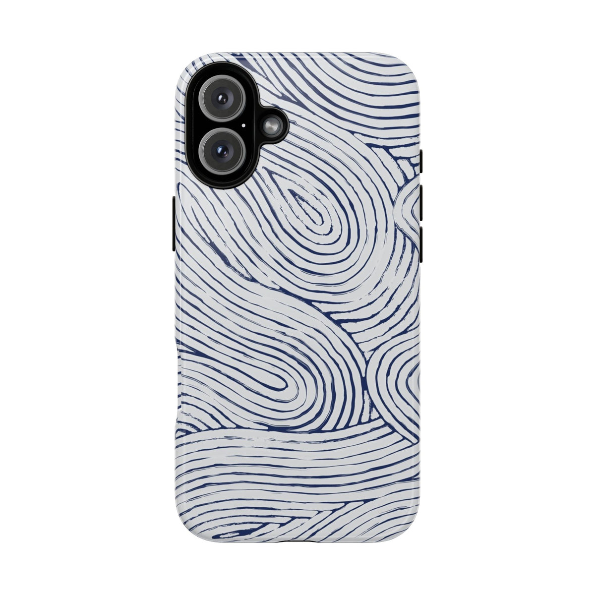 Indigo Flow Tough iPhone 16 Plus Case with blue wavy pattern on a white background
