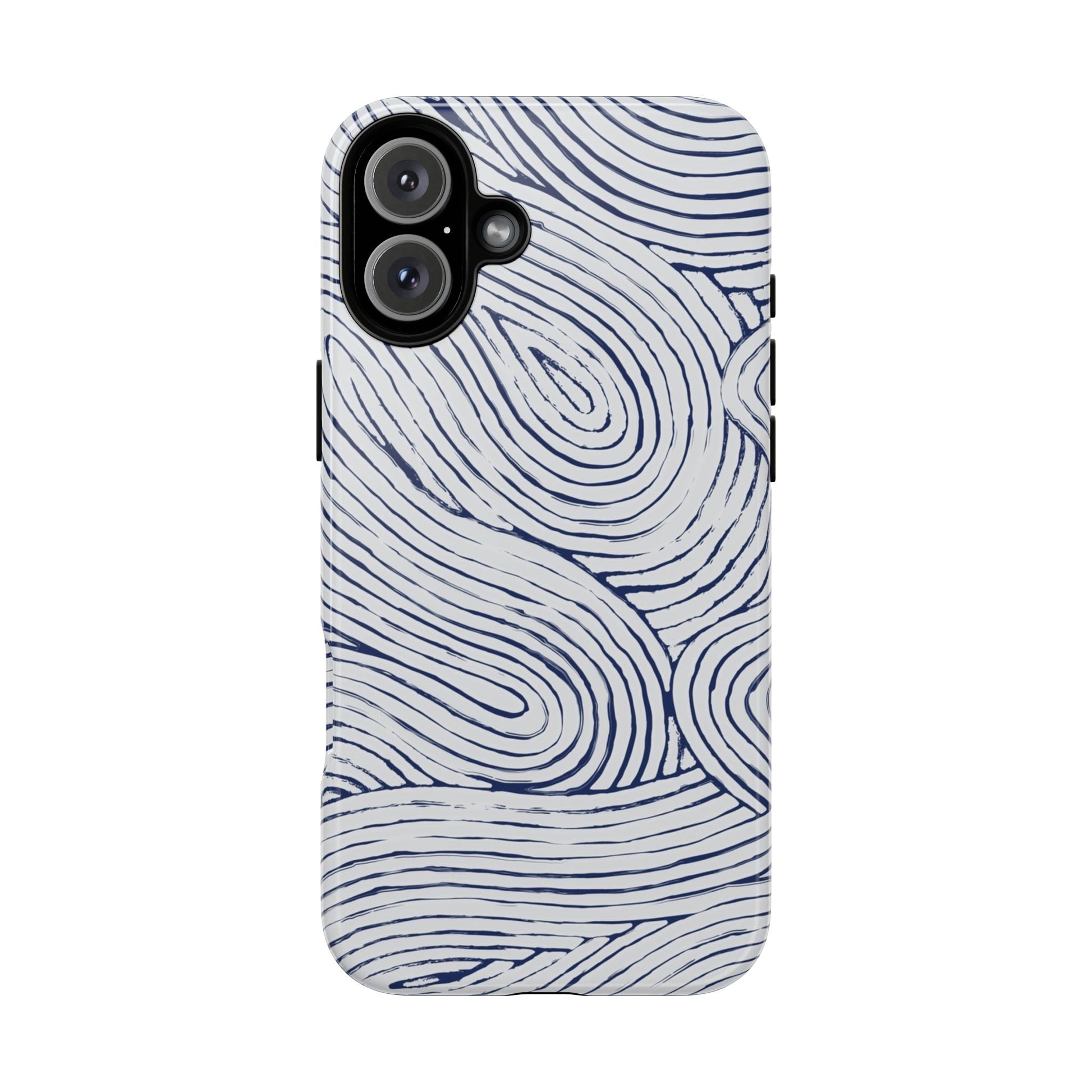 Indigo Flow Tough iPhone 16 Plus Case with blue wavy pattern on a white background