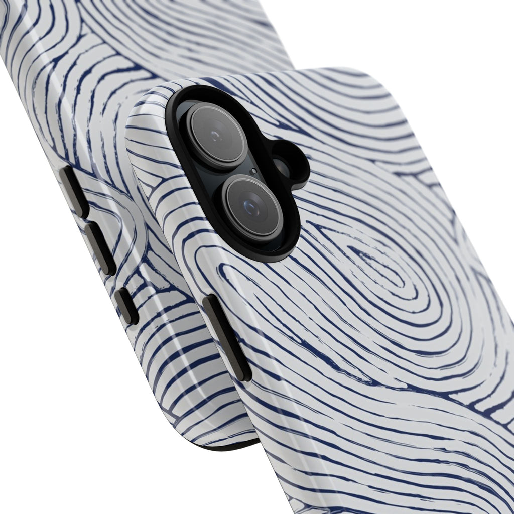 Indigo Flow Tough iPhone 16 Plus Case close up with blue and white wavy pattern on a white background