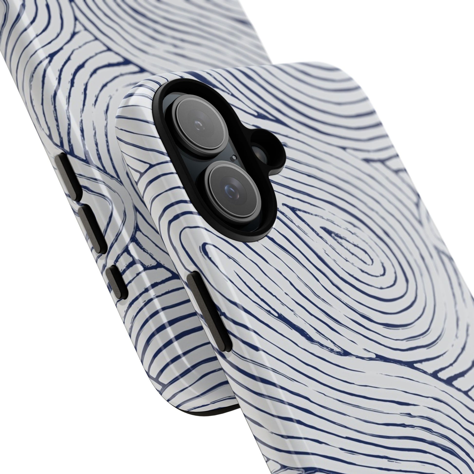 Indigo Flow Tough iPhone 16 Plus Case close up with blue and white wavy pattern on a white background