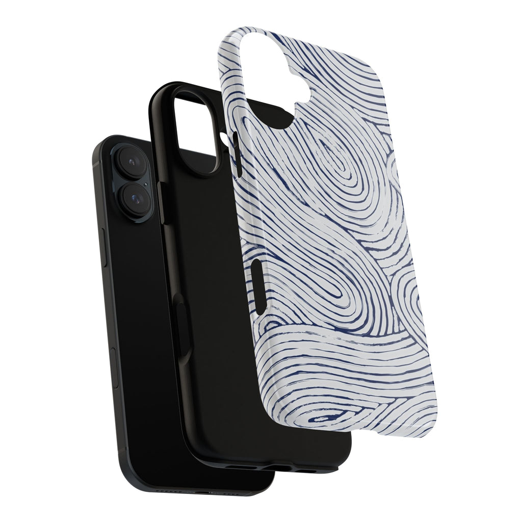 Indigo Flow Tough iPhone 16 Plus Case showing dual layers for extra protection with blue wavy pattern on a white background
