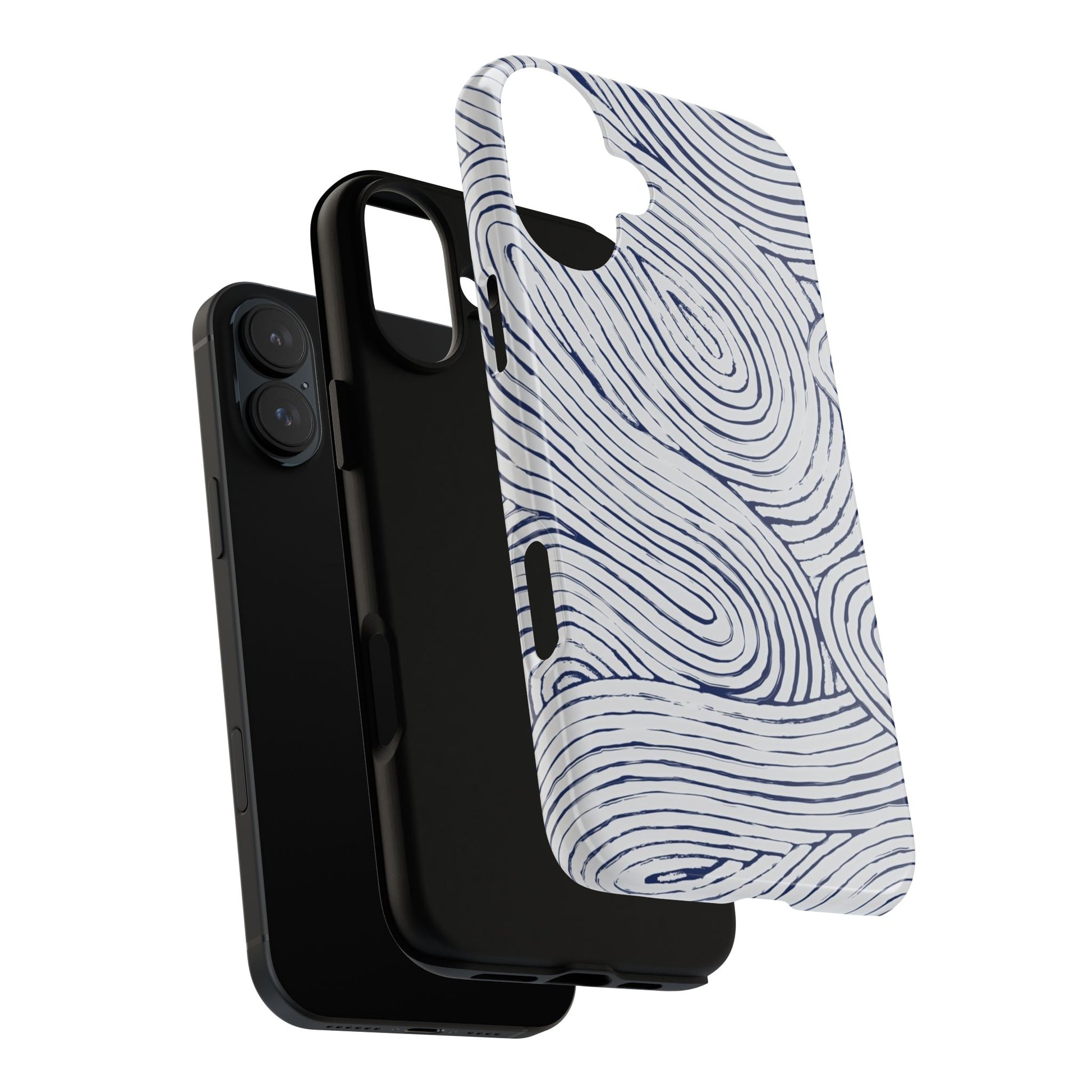 Indigo Flow Tough iPhone 16 Plus Case showing dual layers for extra protection with blue wavy pattern on a white background