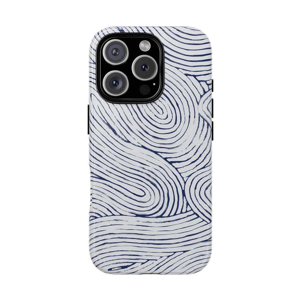 Indigo Flow Tough iPhone 16 Pro Case with wavy line pattern on a white background