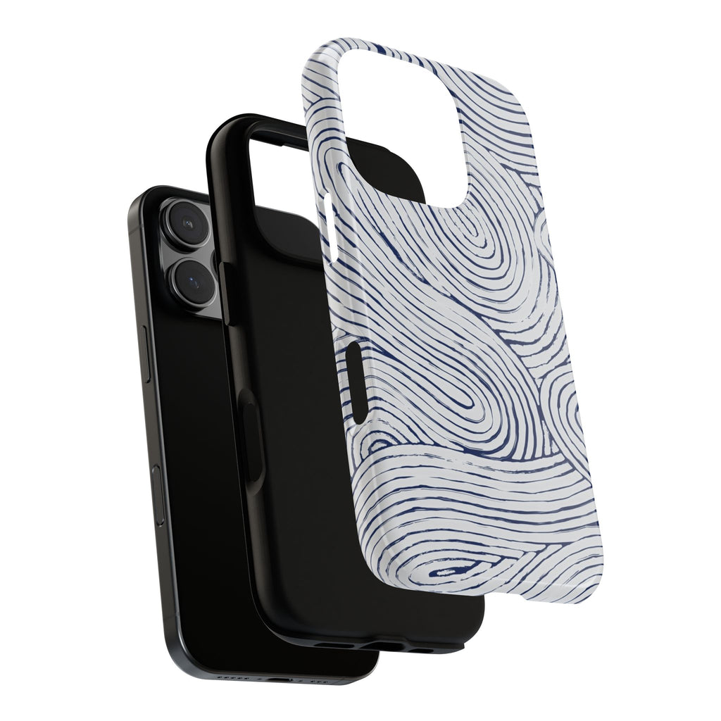 Indigo Flow Tough iPhone 16 Pro Case dual layers with wavy pattern on a white background