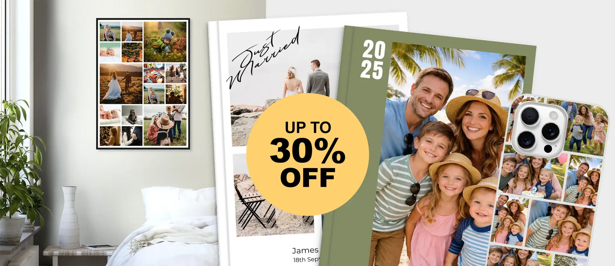 Promotional display of photo books and prints with a 30% off offer in a home setting.