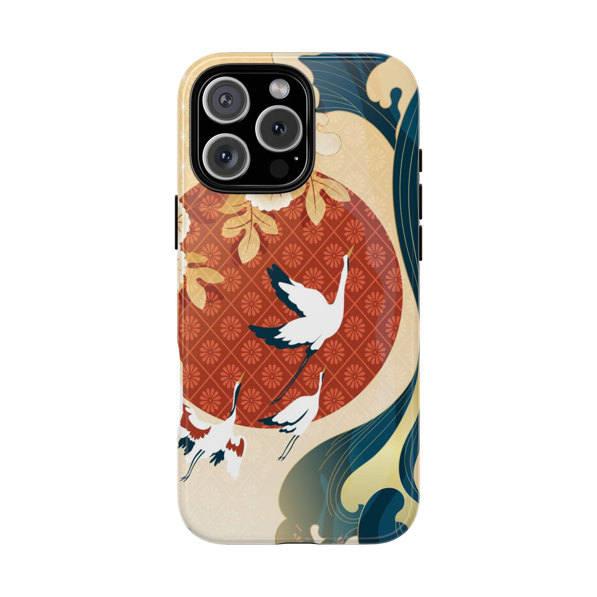 Phone case with Japanese-style design featuring cranes and abstract patterns on a white background