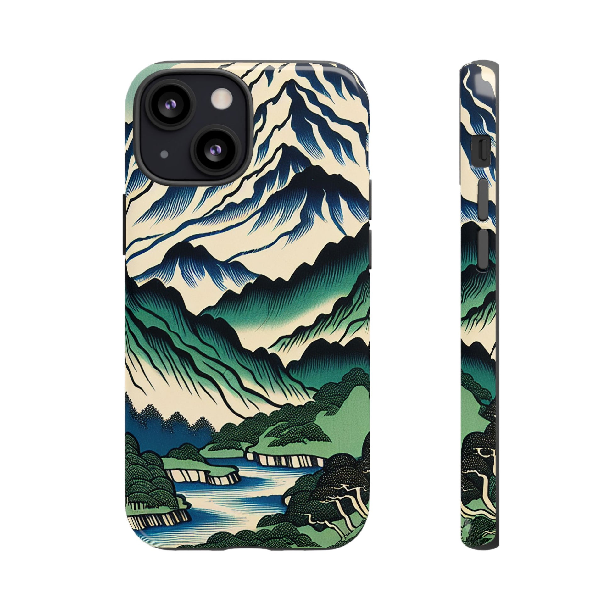 Japanese Mountain Print Tough Case for iPhone 13 Mini with mountain landscape design on a white background