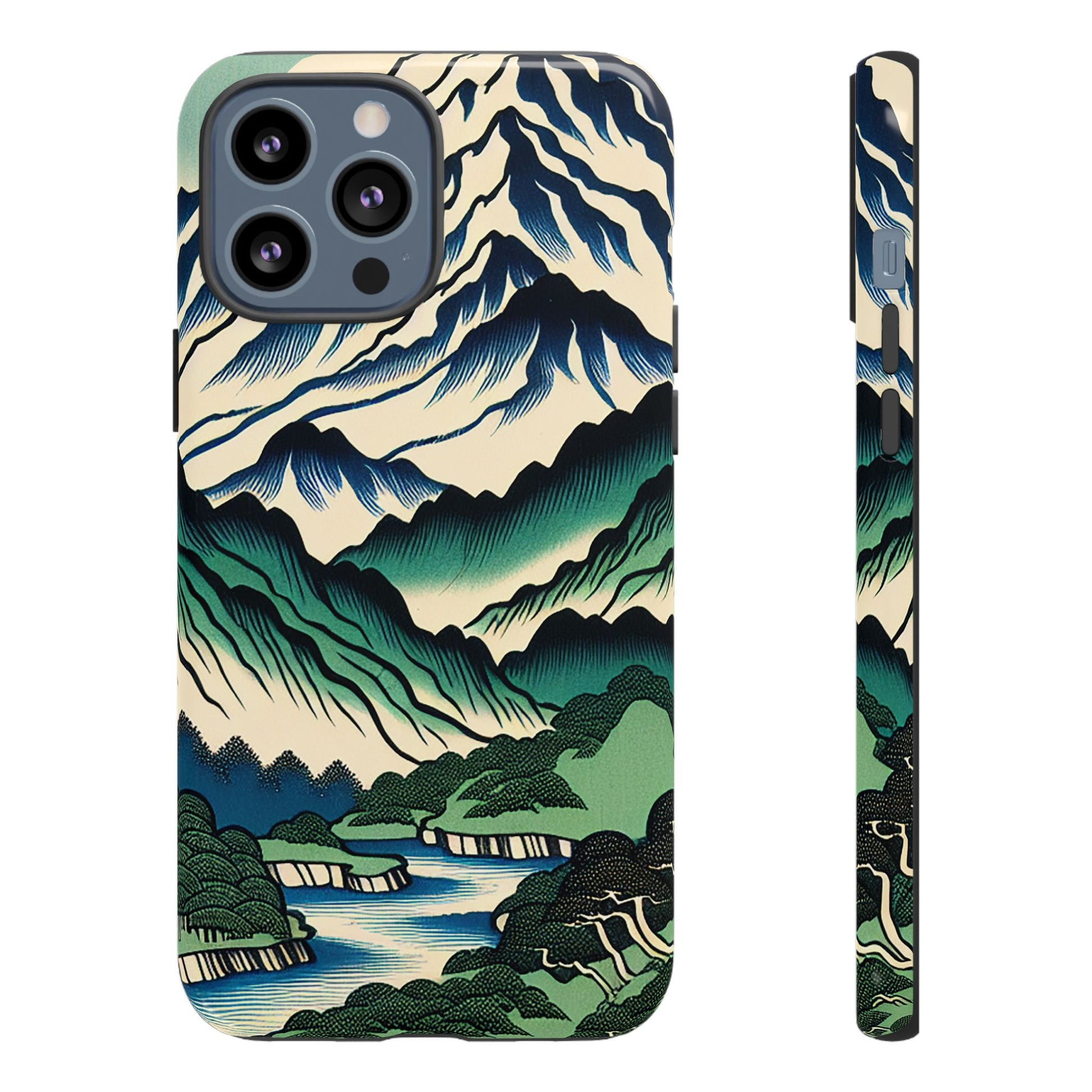 Japanese Mountain Print Tough Case for iPhone 13 Pro Max with mountain and river design on a white background