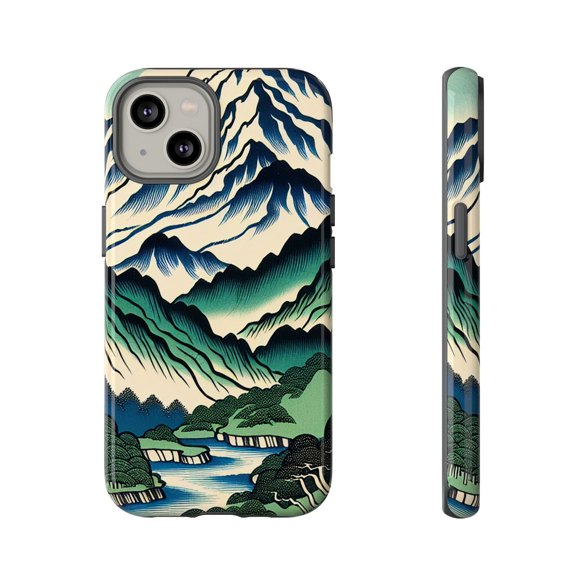 Japanese Mountain Print Tough Case for iPhone 14 with mountain landscape design on a white background