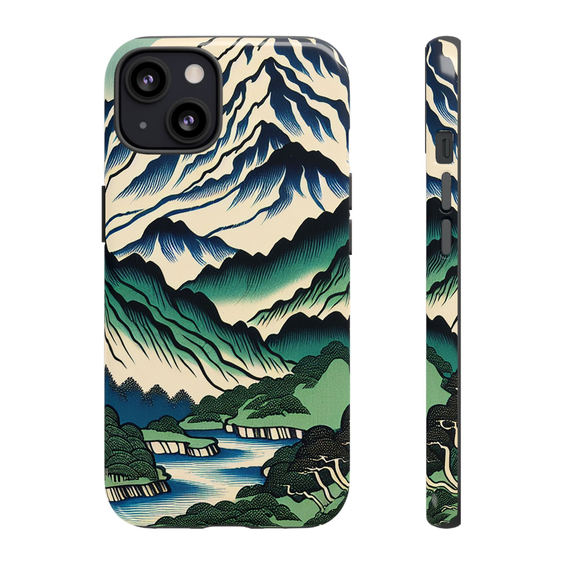 Japanese Mountain Print Tough Case for iPhone 14 Plus with mountain and landscape design on a white background.