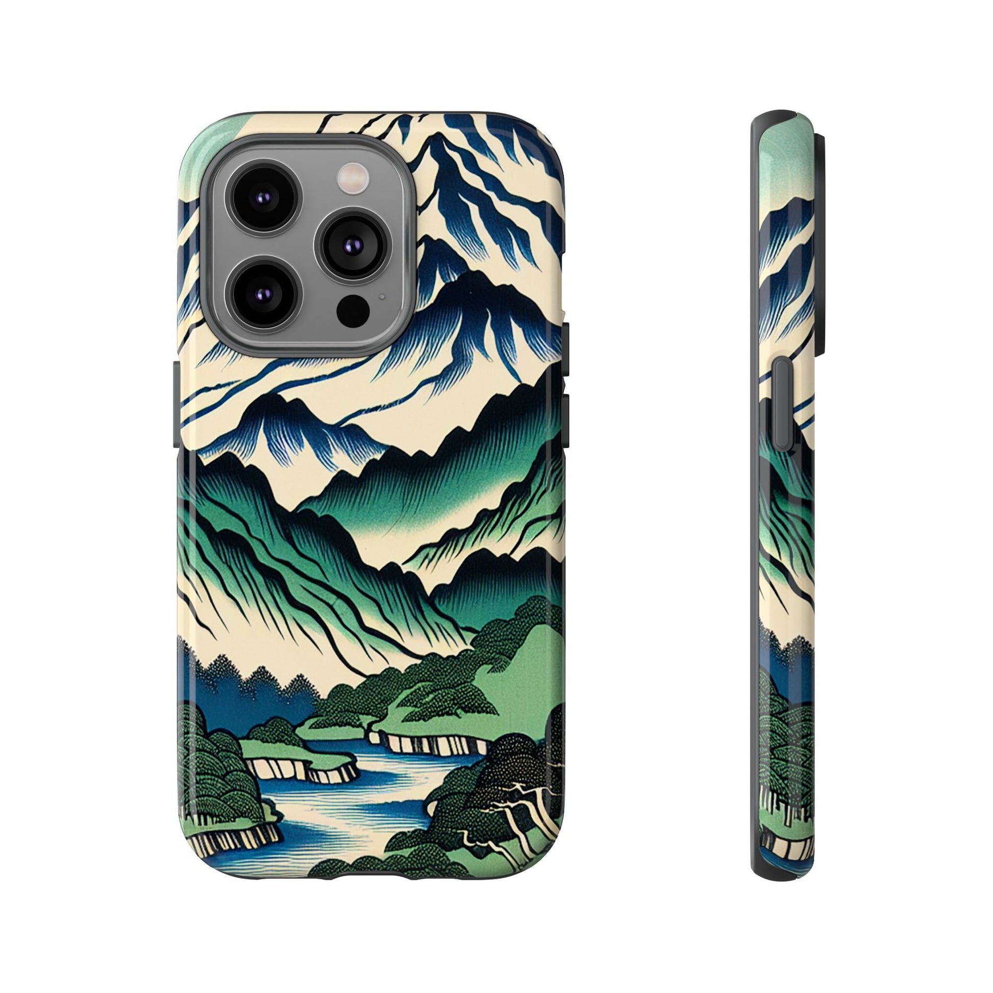Japanese Mountain Print Tough Case for iPhone 14 Pro with mountain landscape design on a white background