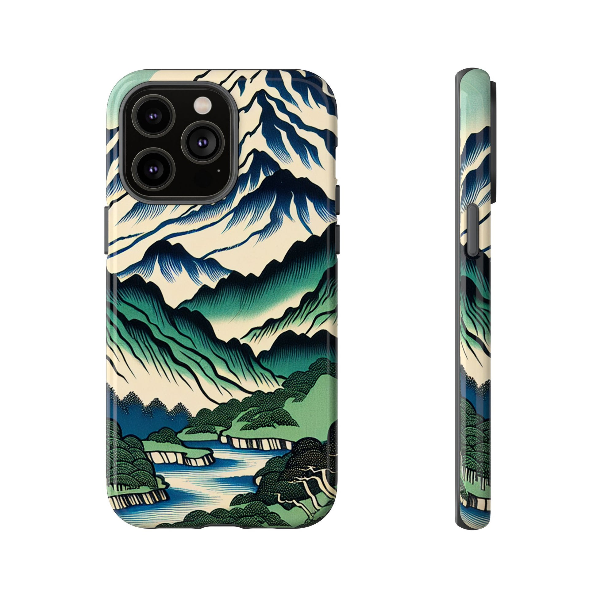 Japanese Mountain Print Tough Case for iPhone 14 Pro Max with mountain landscape design on a white background.