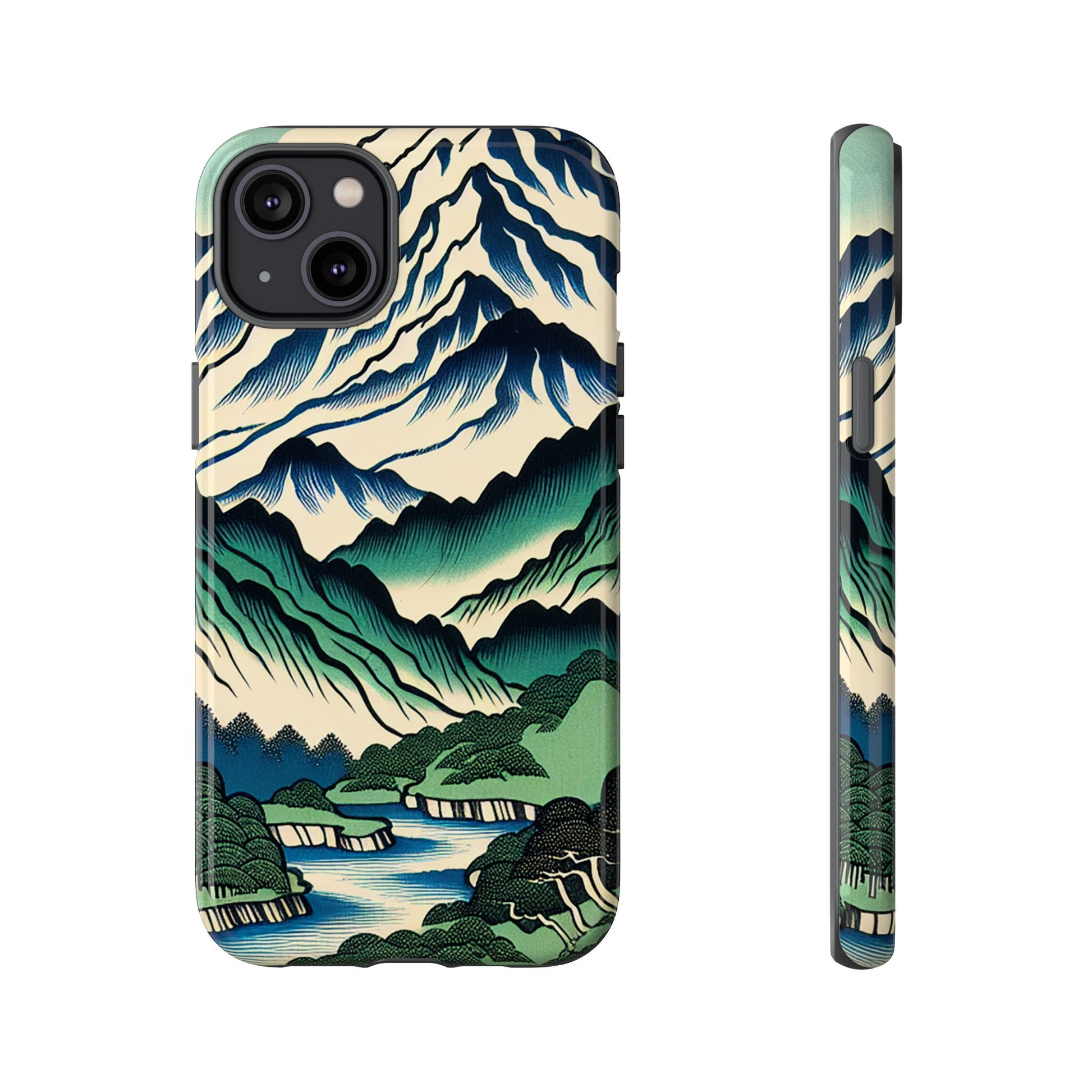 Japanese Mountain Print Tough Case for iPhone 15 Plus with mountain landscape design on a white background