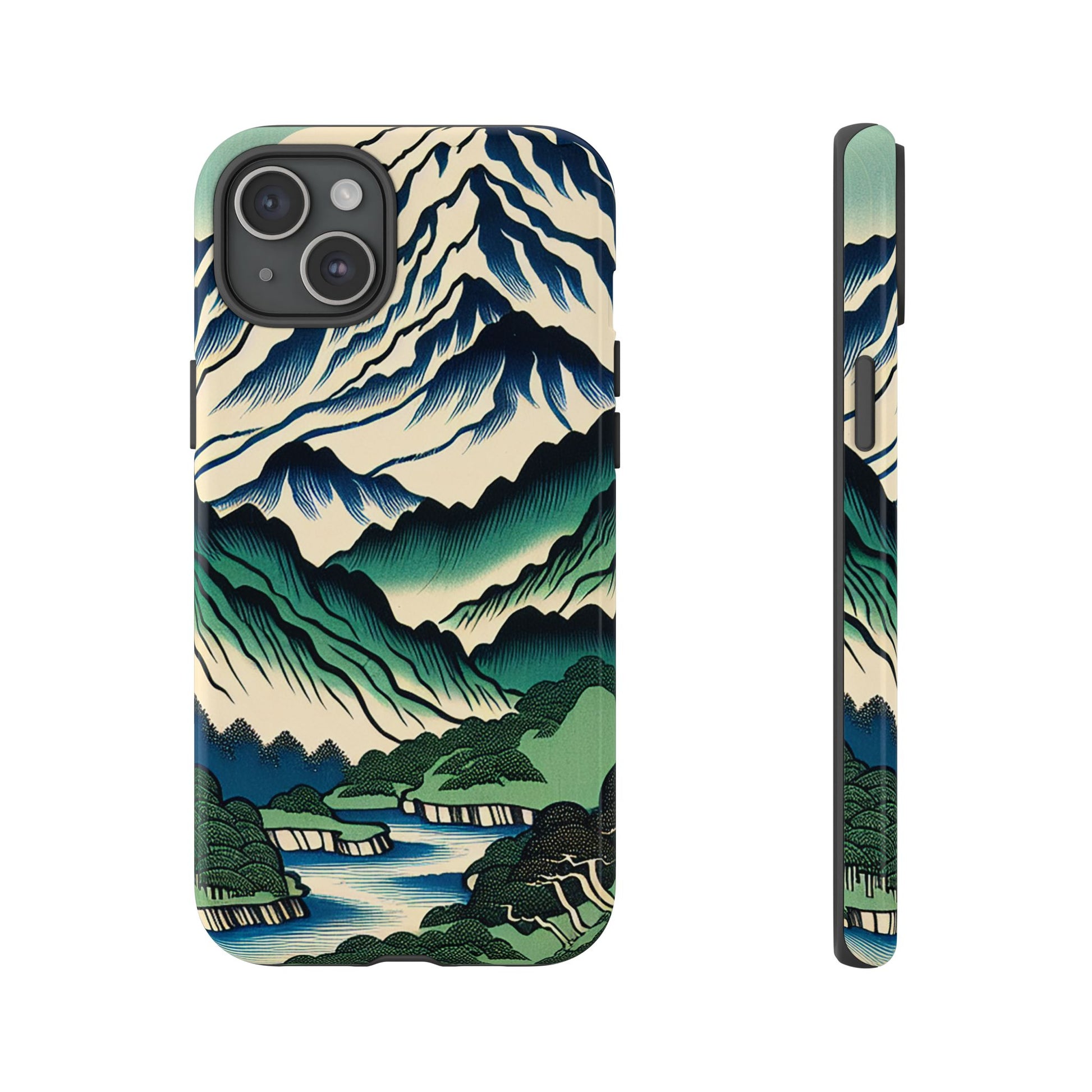 Japanese Mountain Print Tough Case for iPhone 15 Plus close up with mountain landscape design on a white background