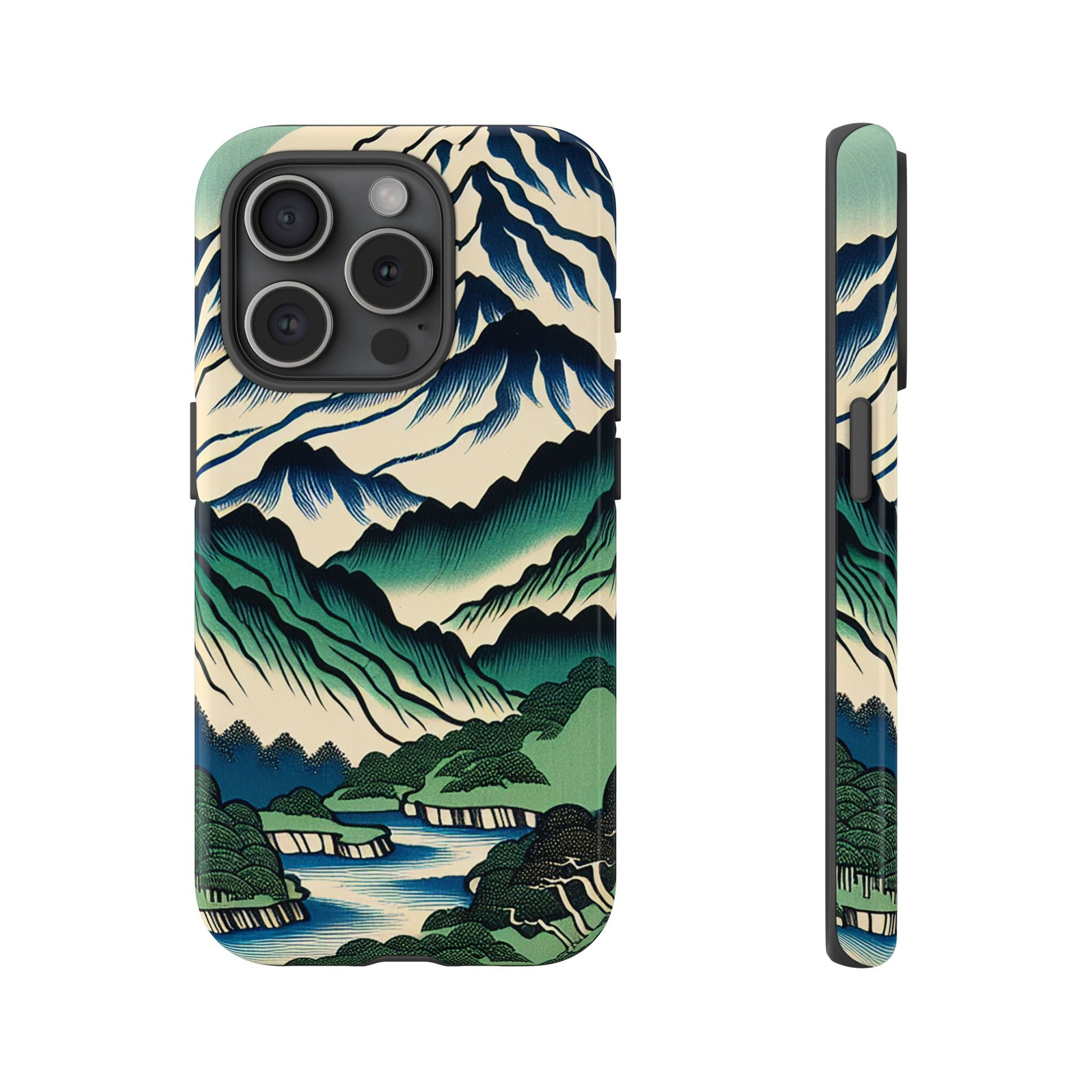 Japanese Mountain Print Tough Case for iPhone 15 Pro with mountain landscape design on a white background