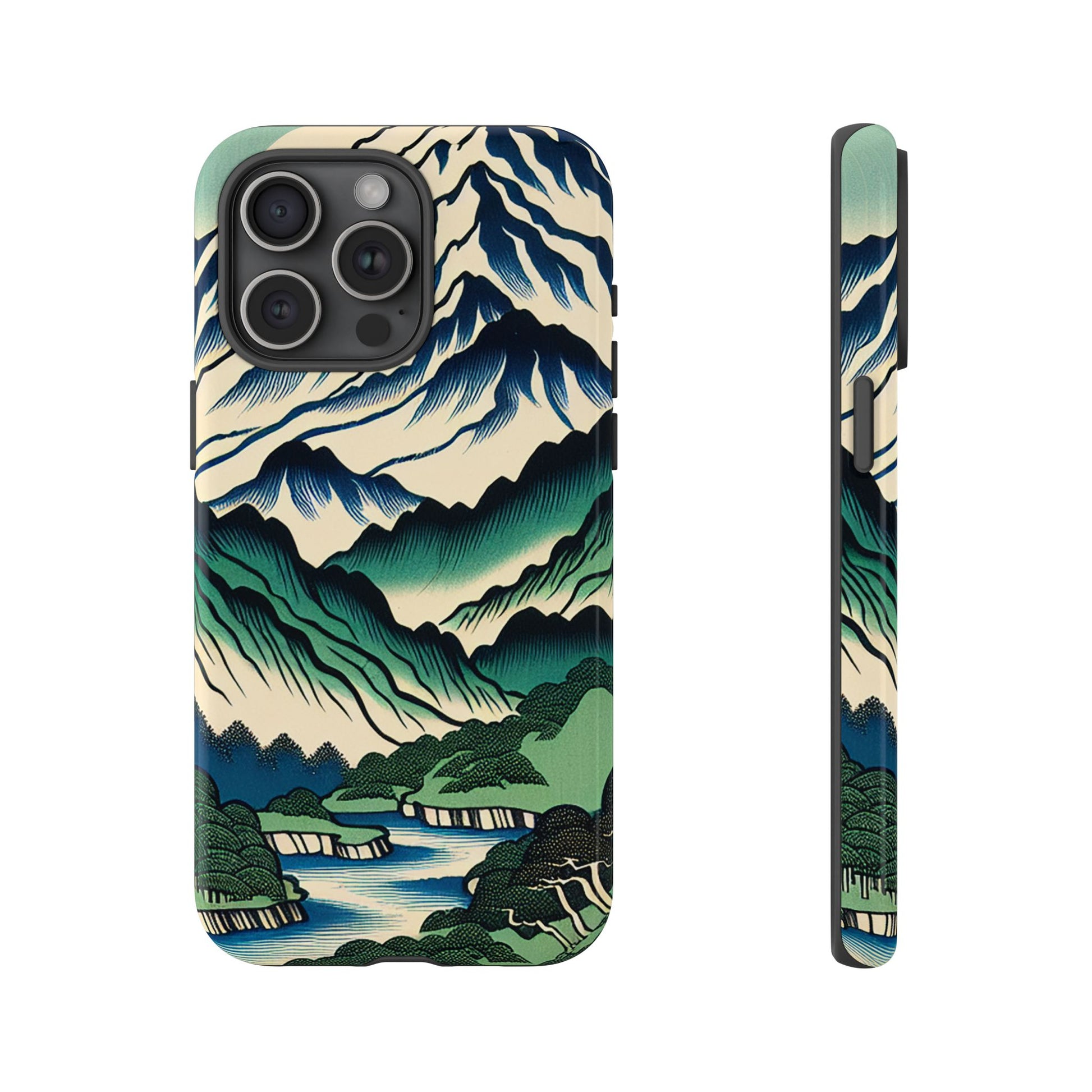 Japanese Mountain Print Tough Case for iPhone 15 Pro Max with mountain and landscape design on a white background