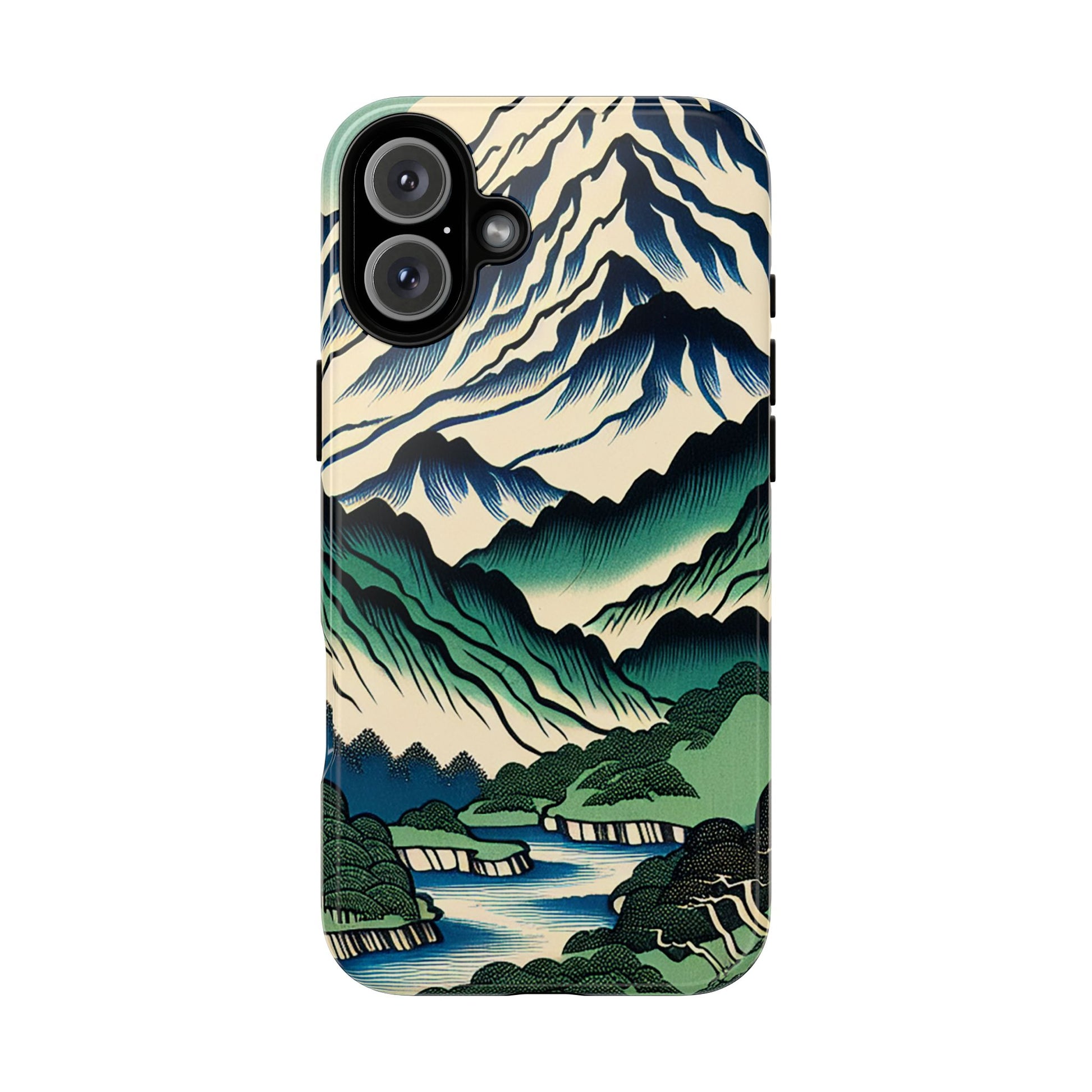 Japanese Mountain Print Tough Case for iPhone 16 with mountain landscape design on a white background
