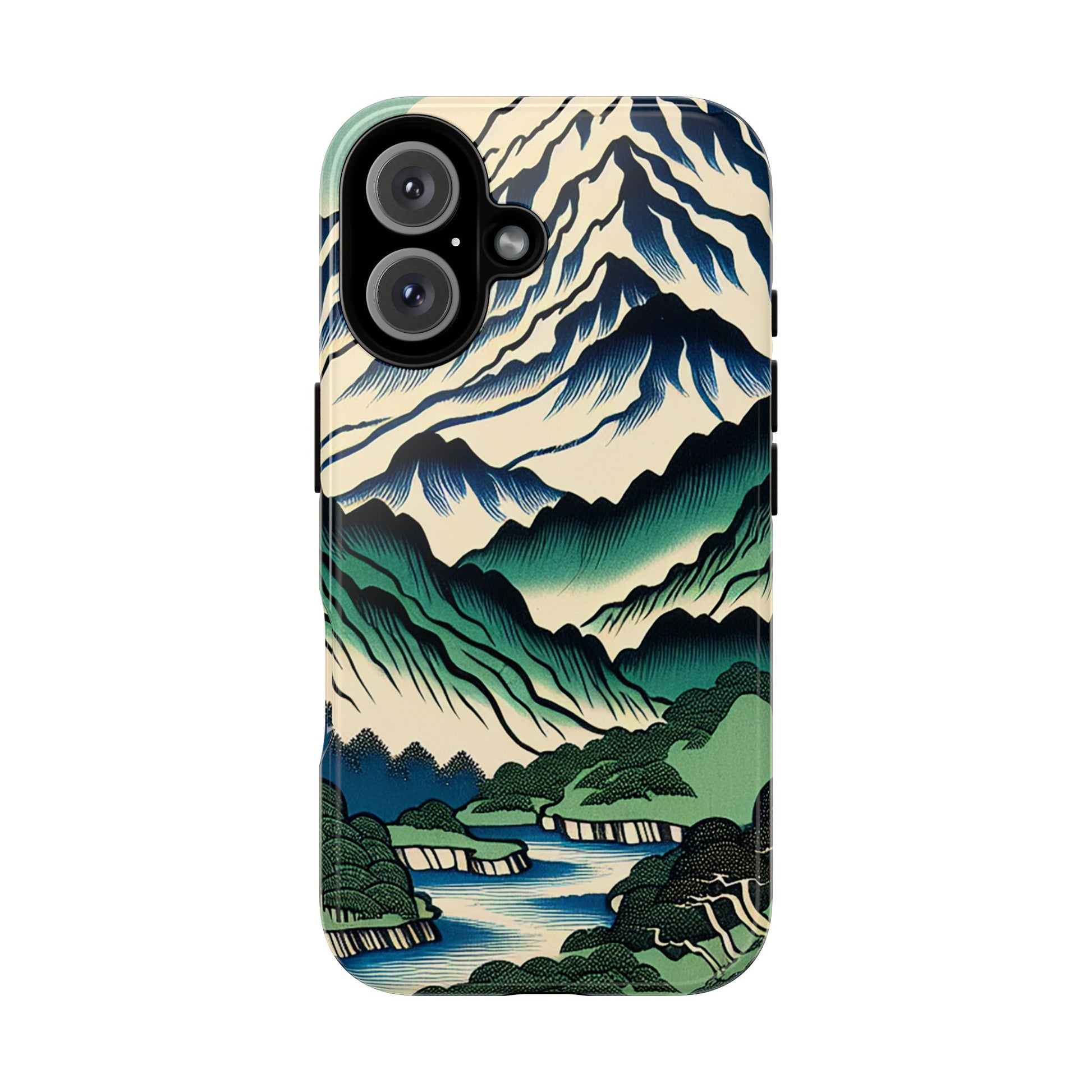 Japanese Mountain Print Tough Case for iPhone 16 Plus with mountain landscape design on a white background