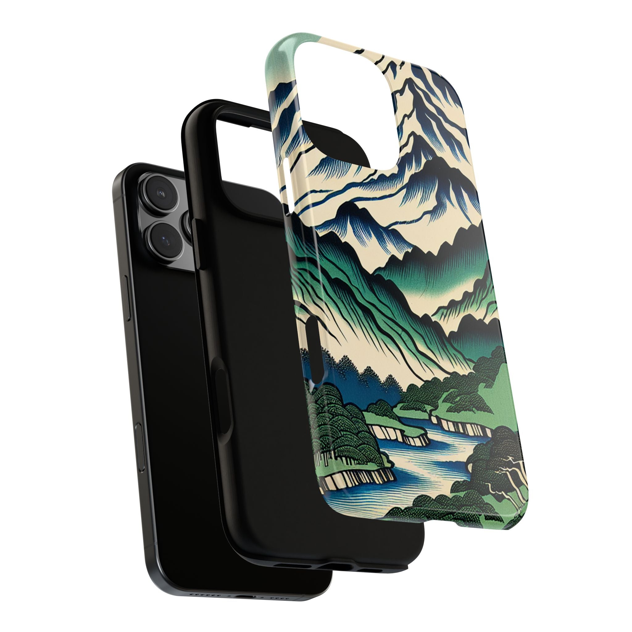 Japanese Mountain Print Tough Case for iPhone 16 Pro Max dual layer with mountain landscape design on a white background