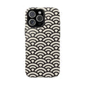 Phone case with black and white wave pattern on a white background