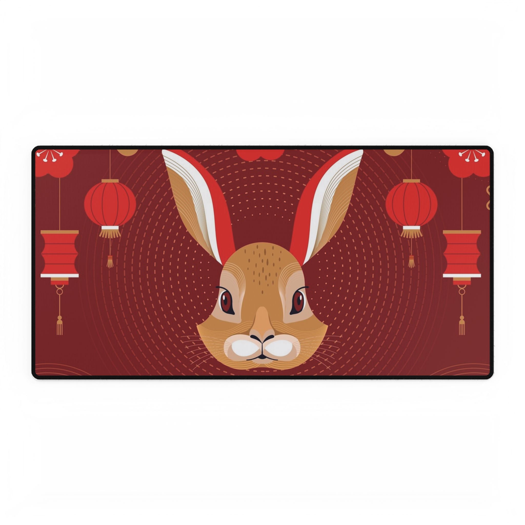 Decorative mouse pad with rabbit design and red lanterns on a red background