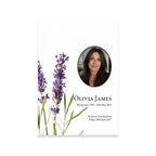 Funeral card with lavender design and photo of a woman, featuring text.