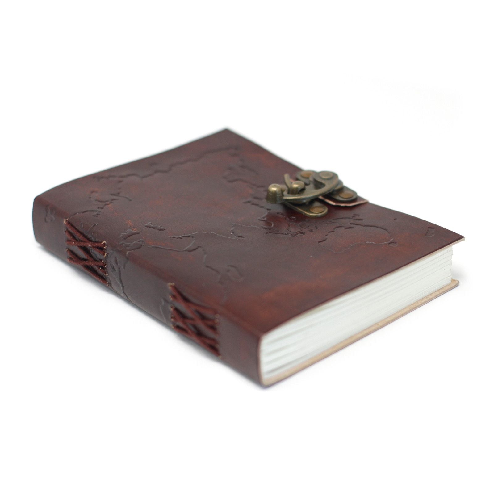 Brown leather notebook with embossed design and brass clasp on a white background