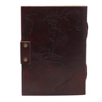 Brown leather notebook with embossed design on a white background