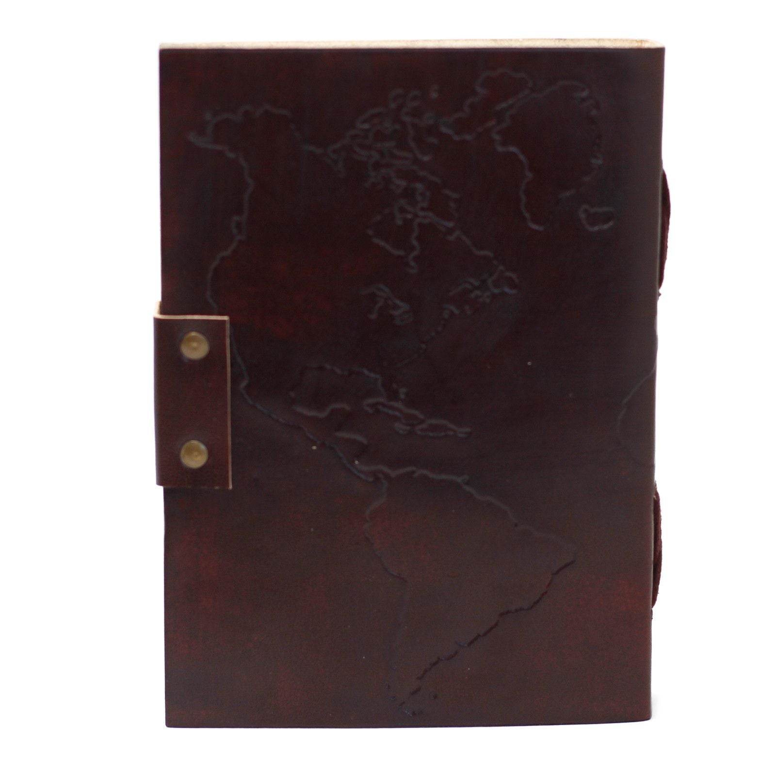 Brown leather notebook with embossed design on a white background