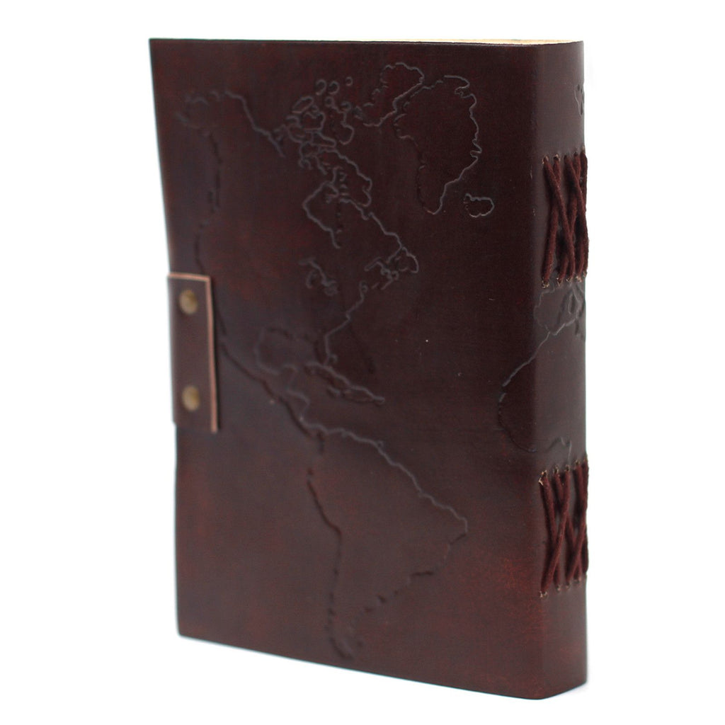 Brown leather notebook with world map design on a white background