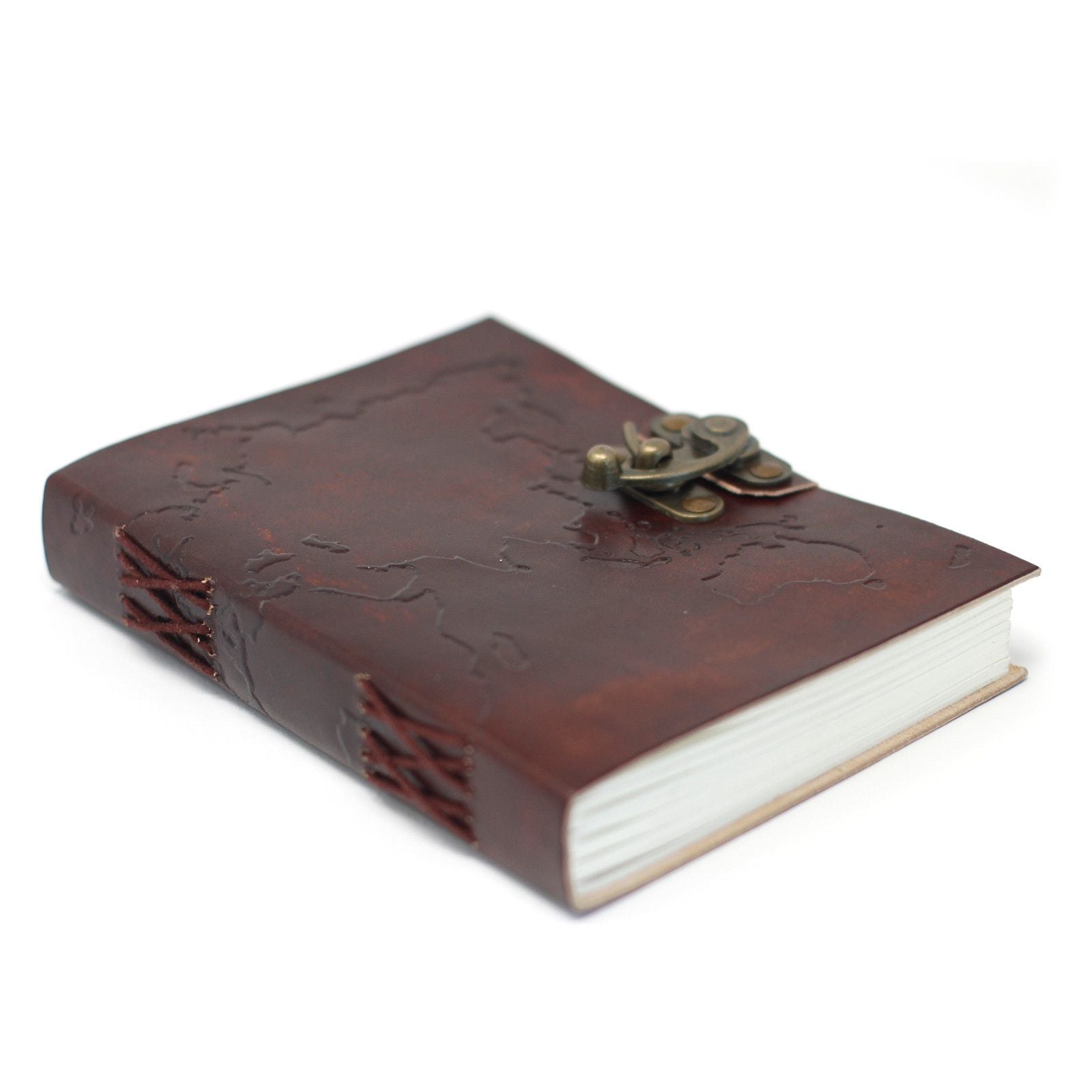 Brown leather notebook with a brass clasp on a white background