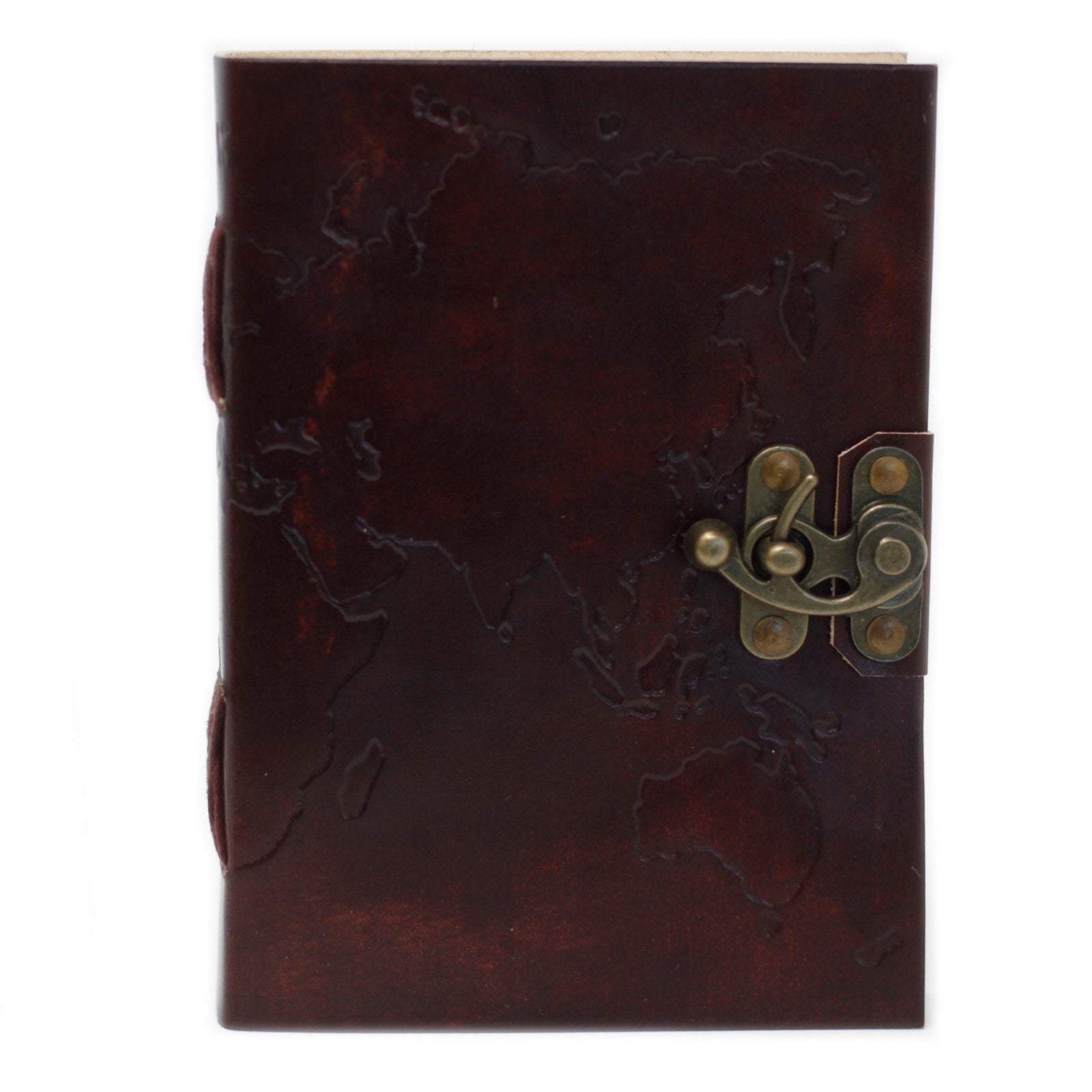 Brown leather notebook with embossed design and brass latch on a white background