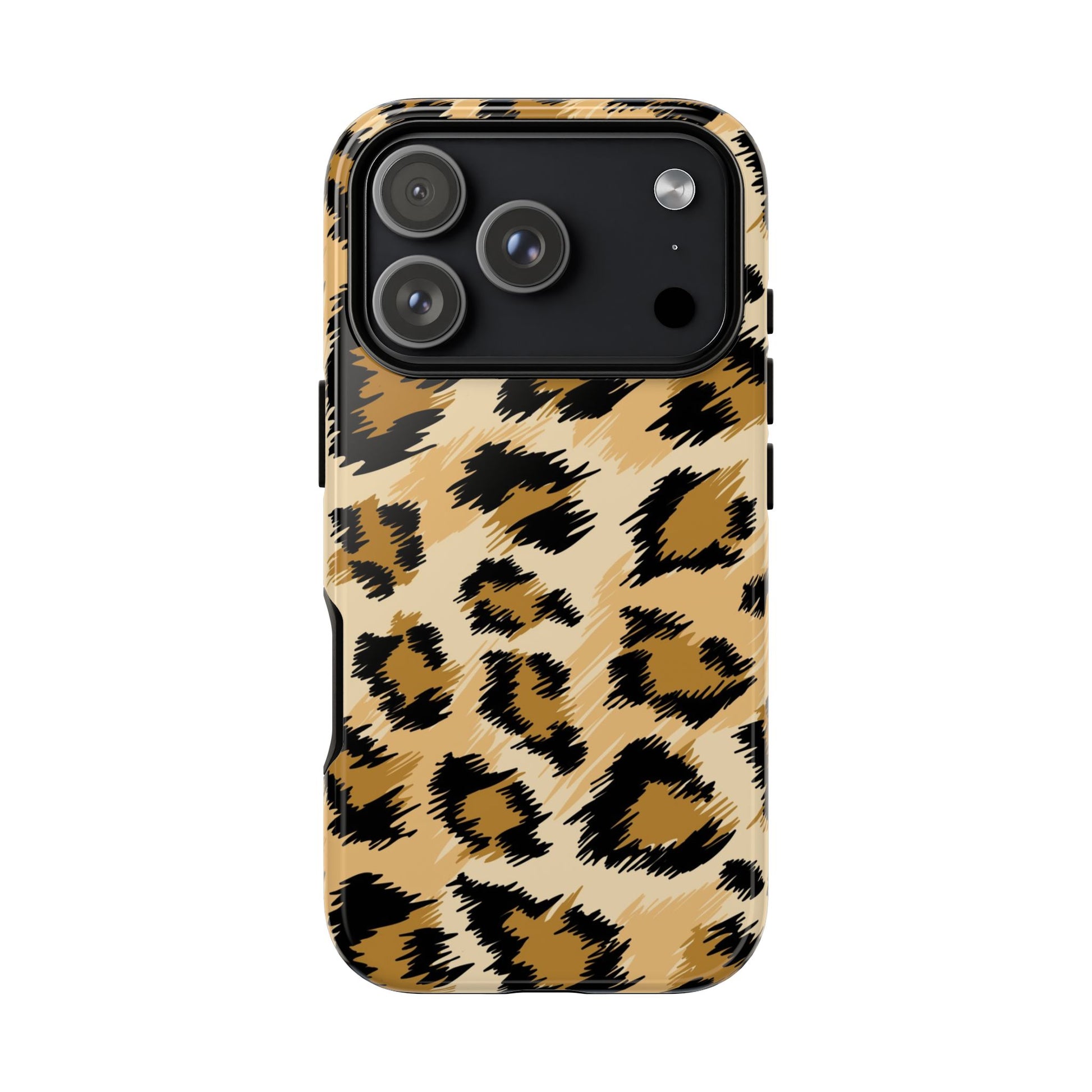 Leopard Print Tough iPhone 17 Pro Case with animal prints designs and white background