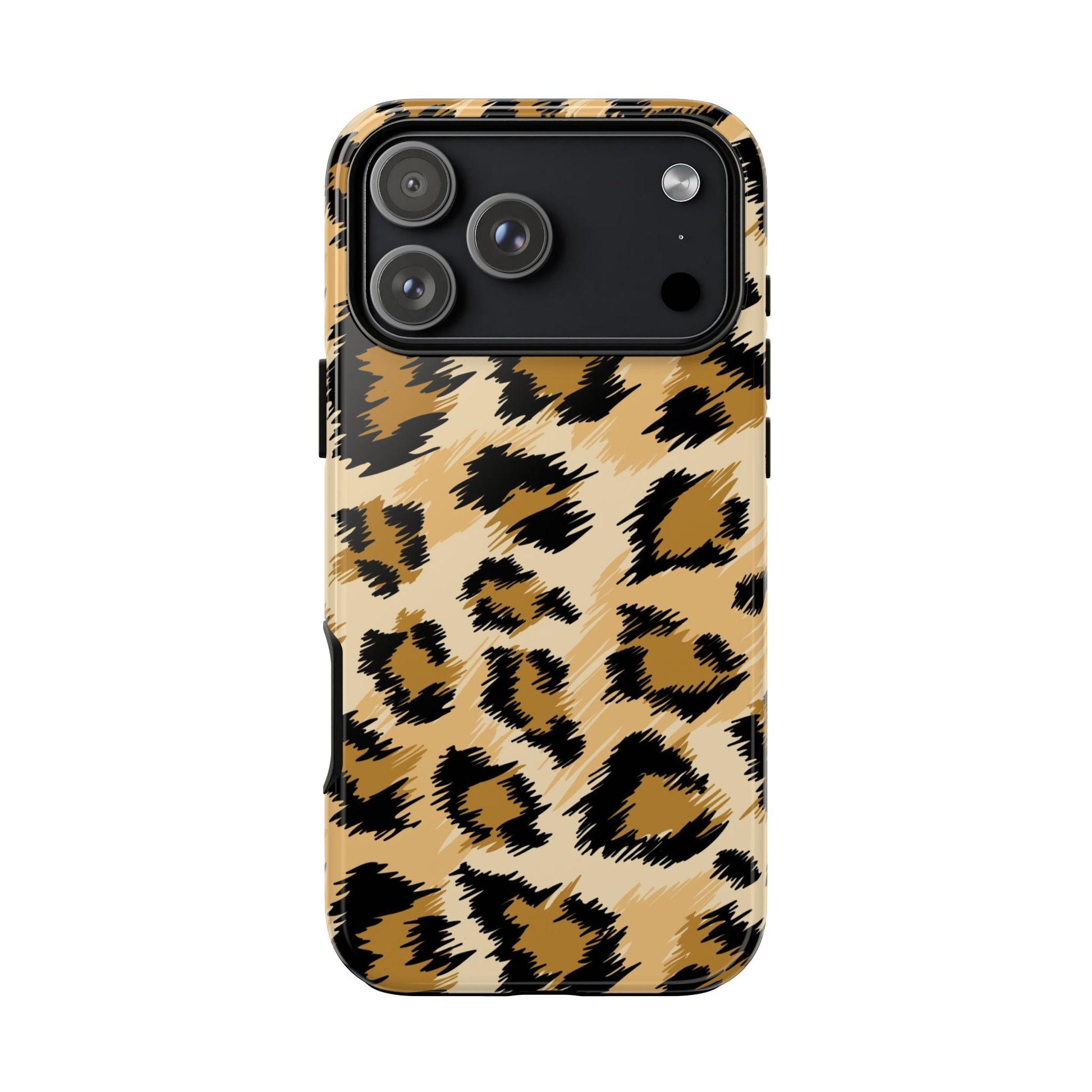 Leopard Print Tough iPhone 17 Pro Max Case with animal prints designs and white background