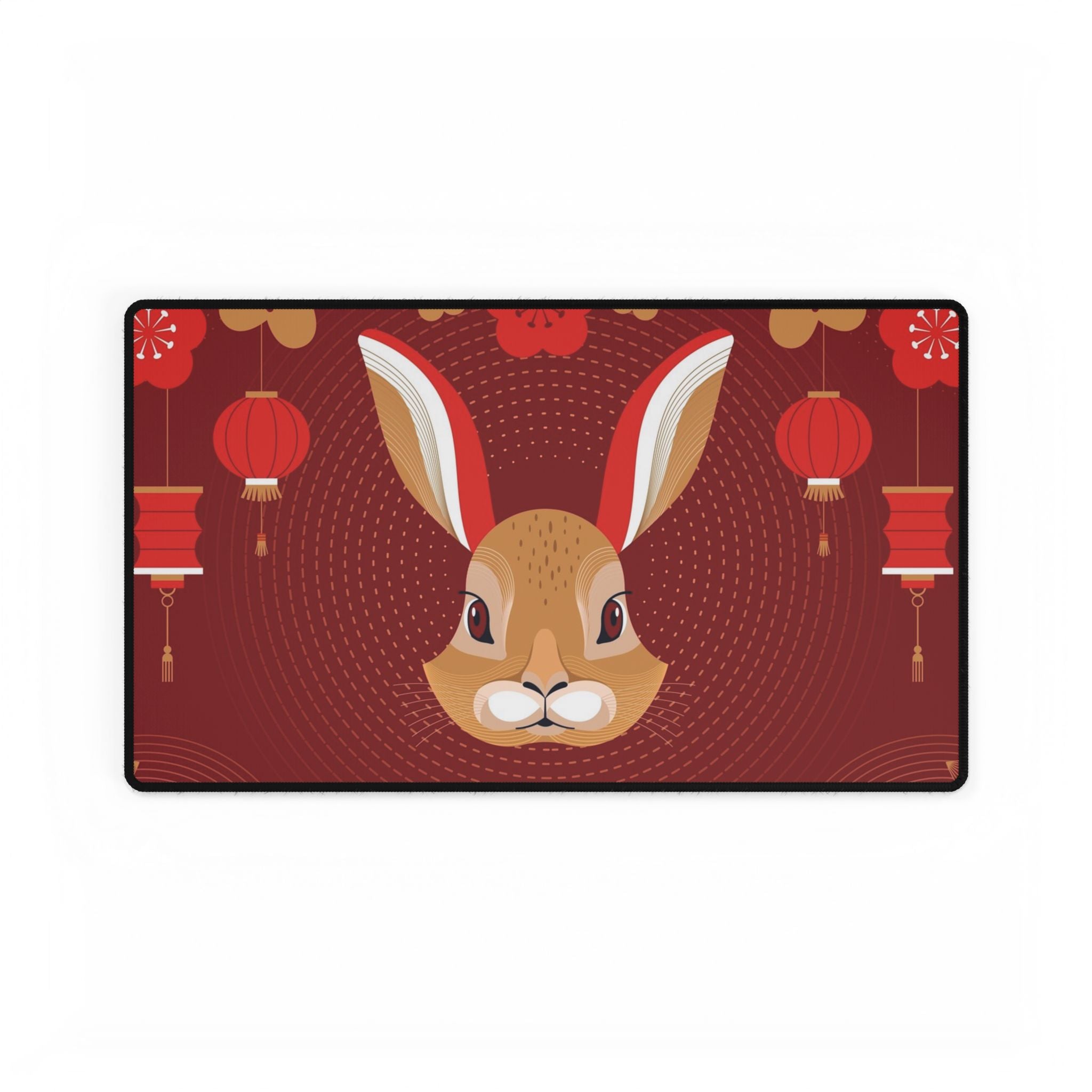 Decorative mat with a rabbit design and red lanterns on a red background