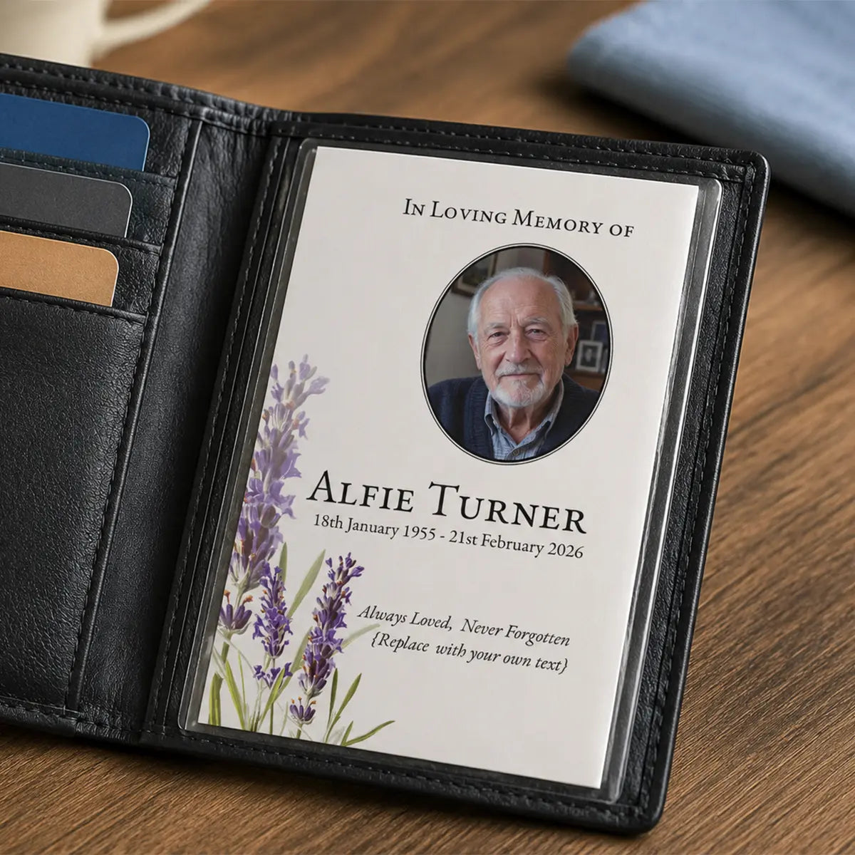 Lavender Floral Memorial Card placed inside the wallet.