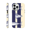 Mackerel Stripes Tough iPhone Case with fish design on a striped background