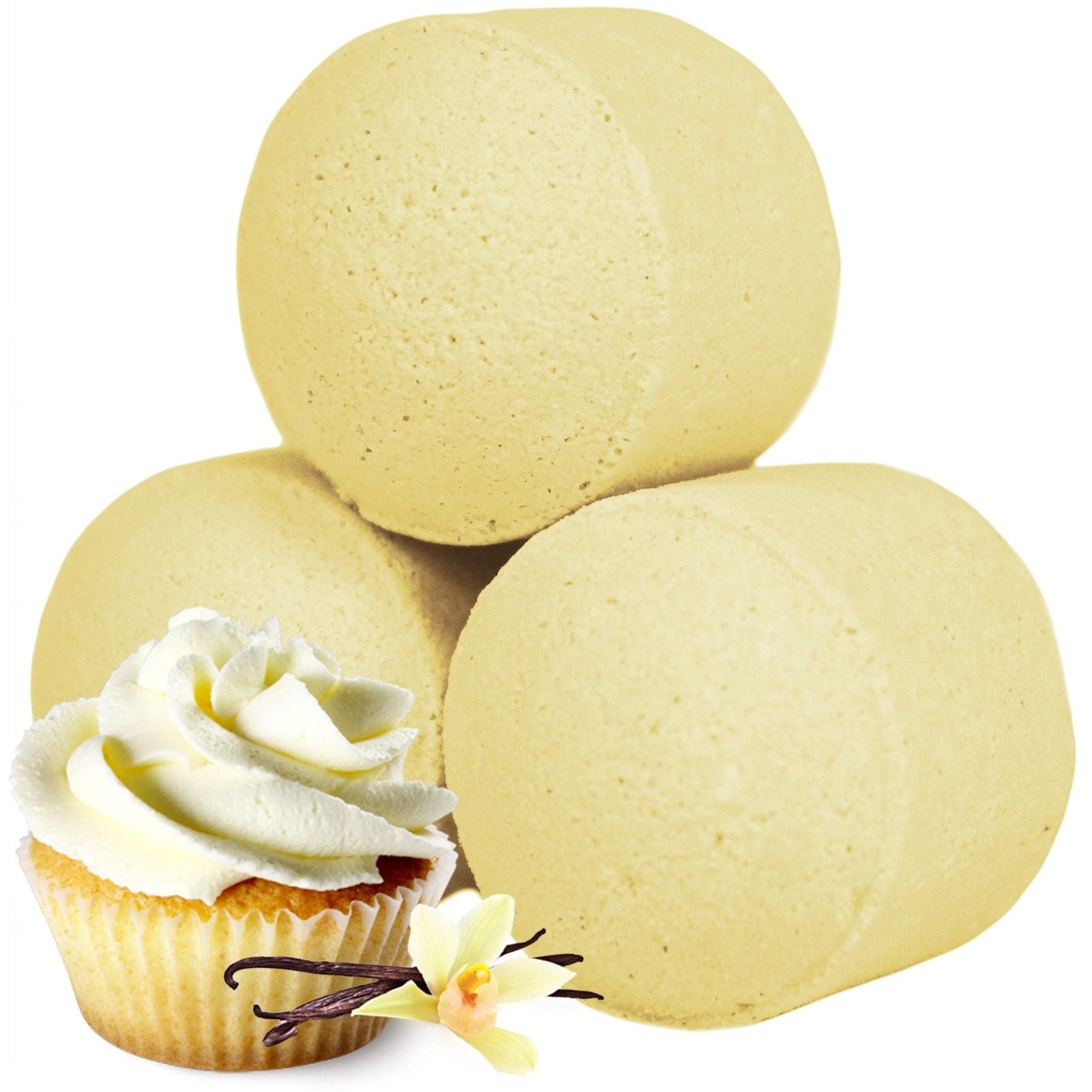 Three yellow bath bombs with a vanilla cupcake and vanilla bean on a white background