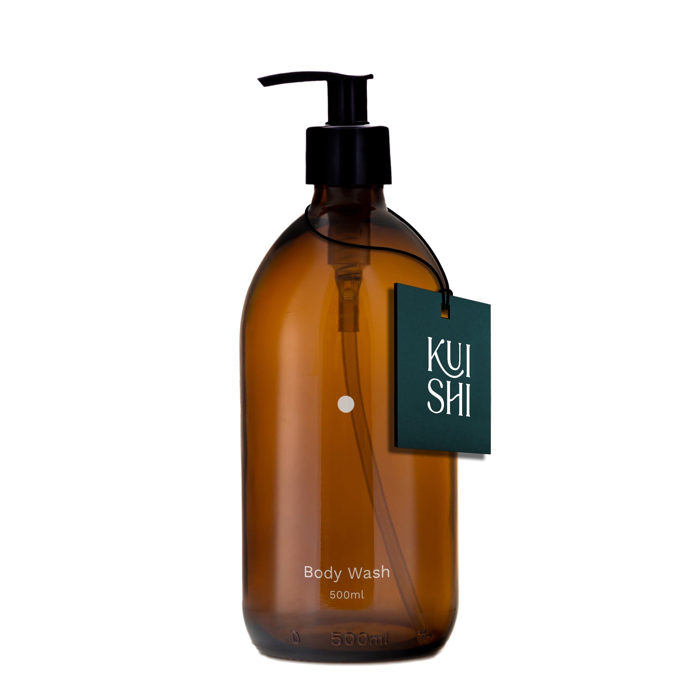 Amber bottle of body wash with a black pump and green tag on a white background