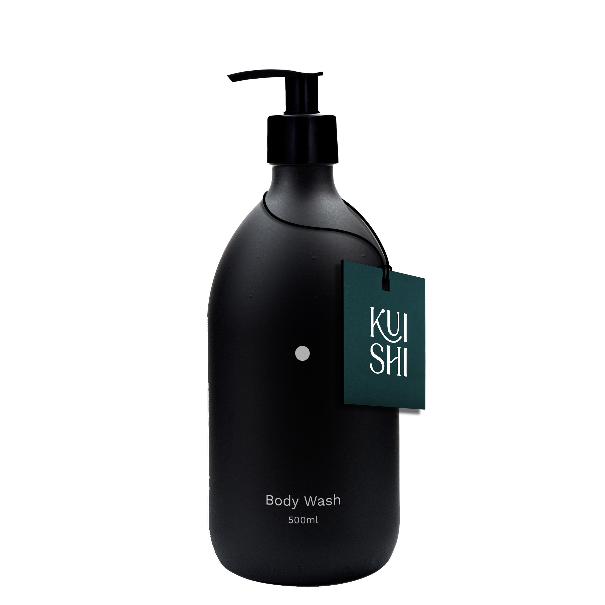 Black body wash bottle with pump and 'KUSH' label on a white background