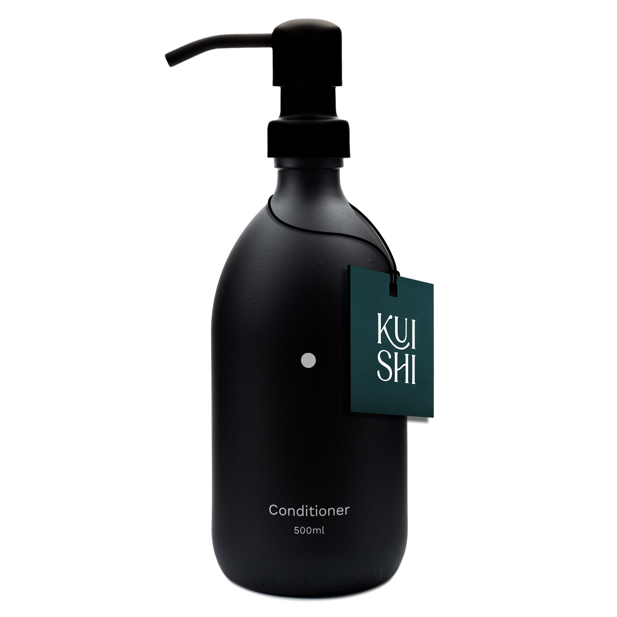 Black conditioner bottle with pump and 'Kushi' label on a white background
