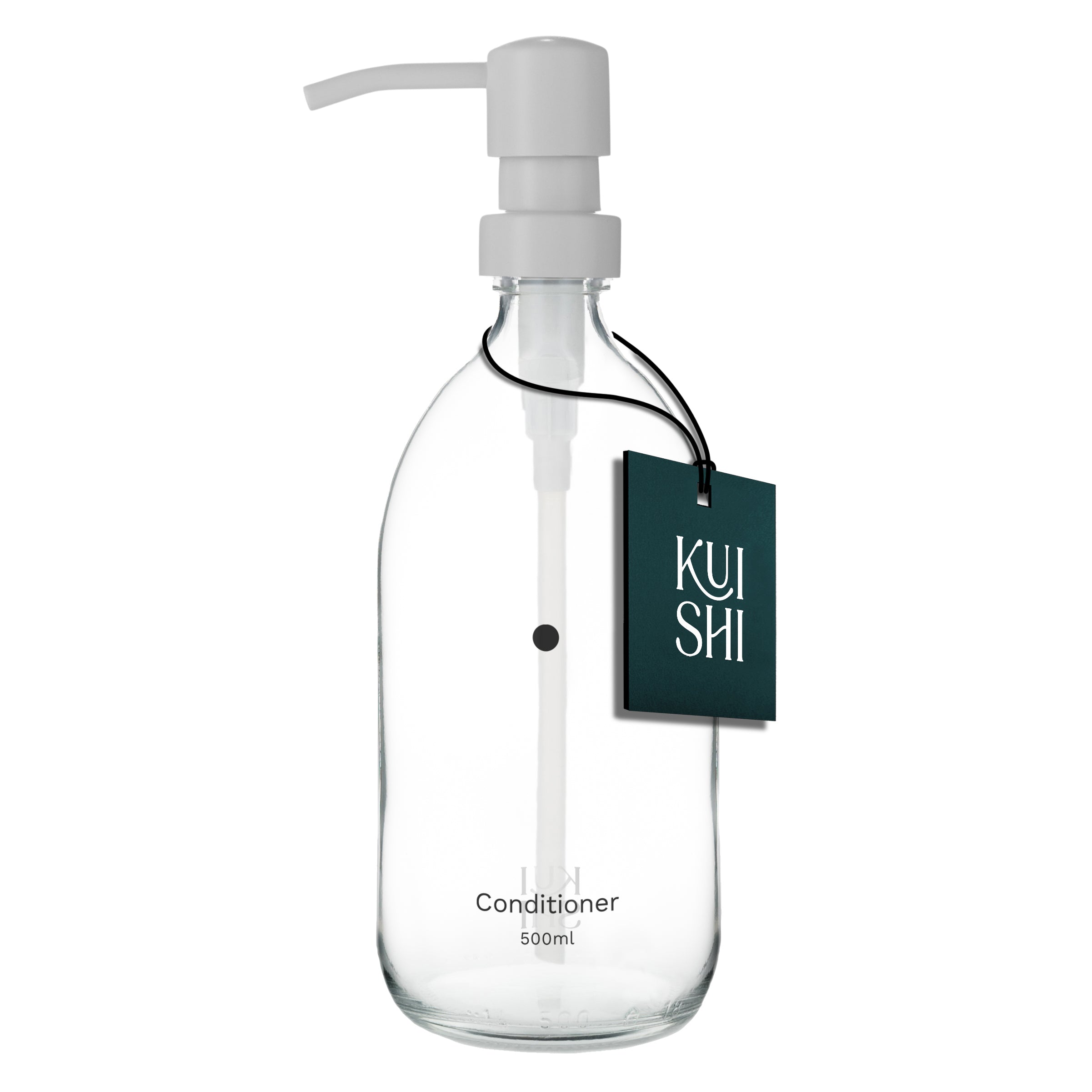 Clear glass conditioner bottle with pump and 'Kushi' label on a white background