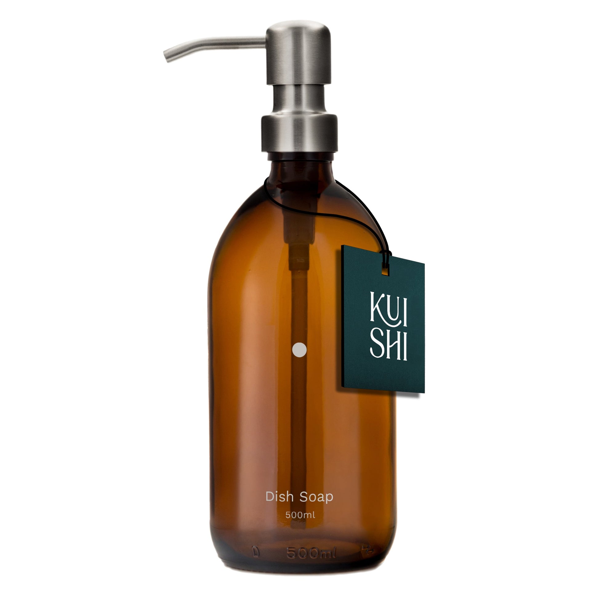 Amber dish soap bottle with pump and 'Kushi' label on a white background